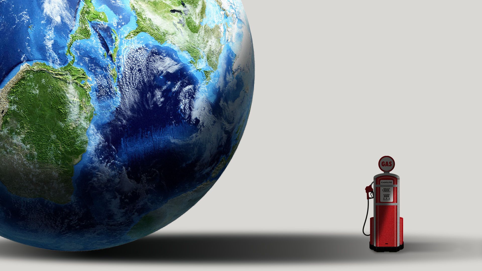 Illustration of a large globe casting a long shadow over a small gas pump
