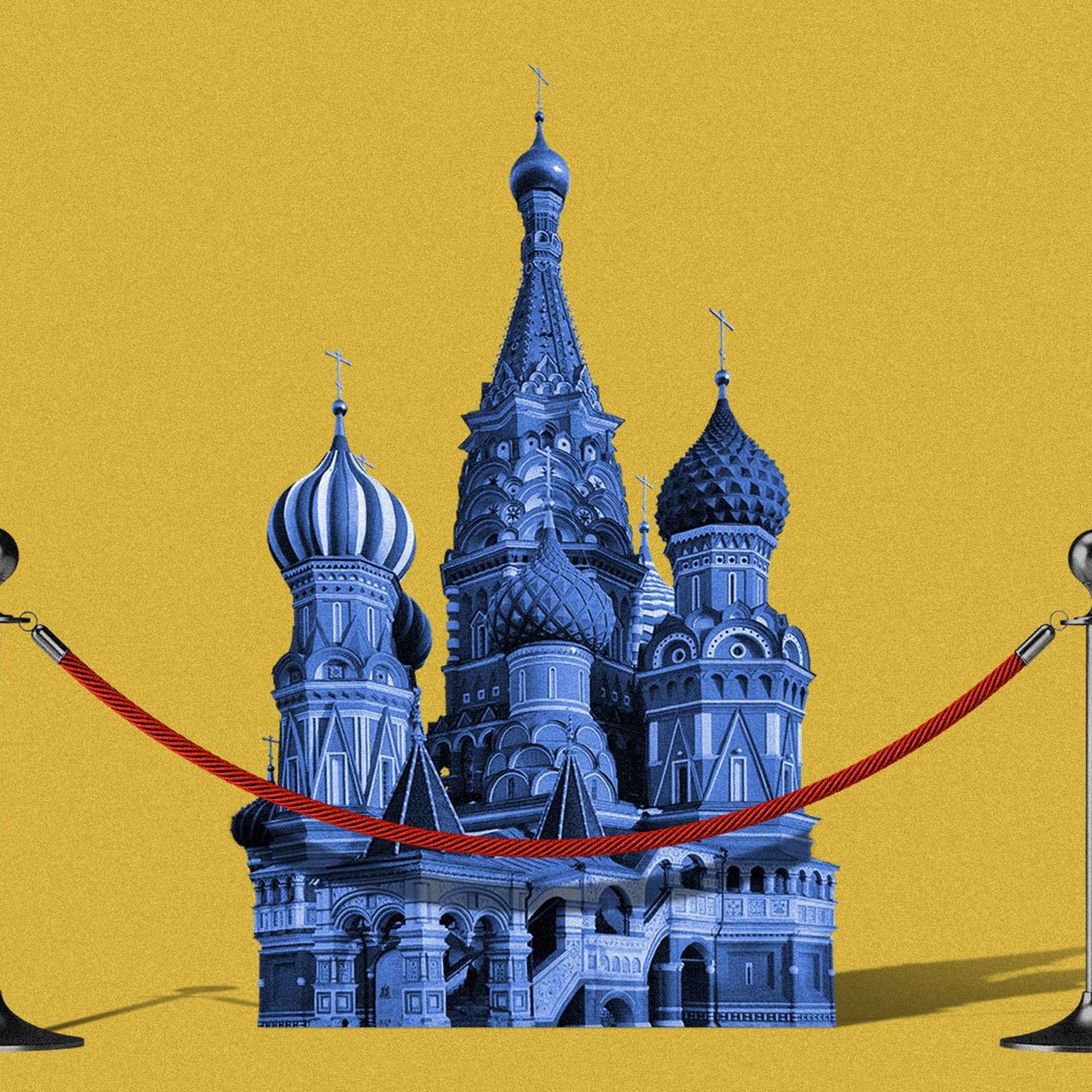 Illustration of the Kremlin behind a red velvet rope.