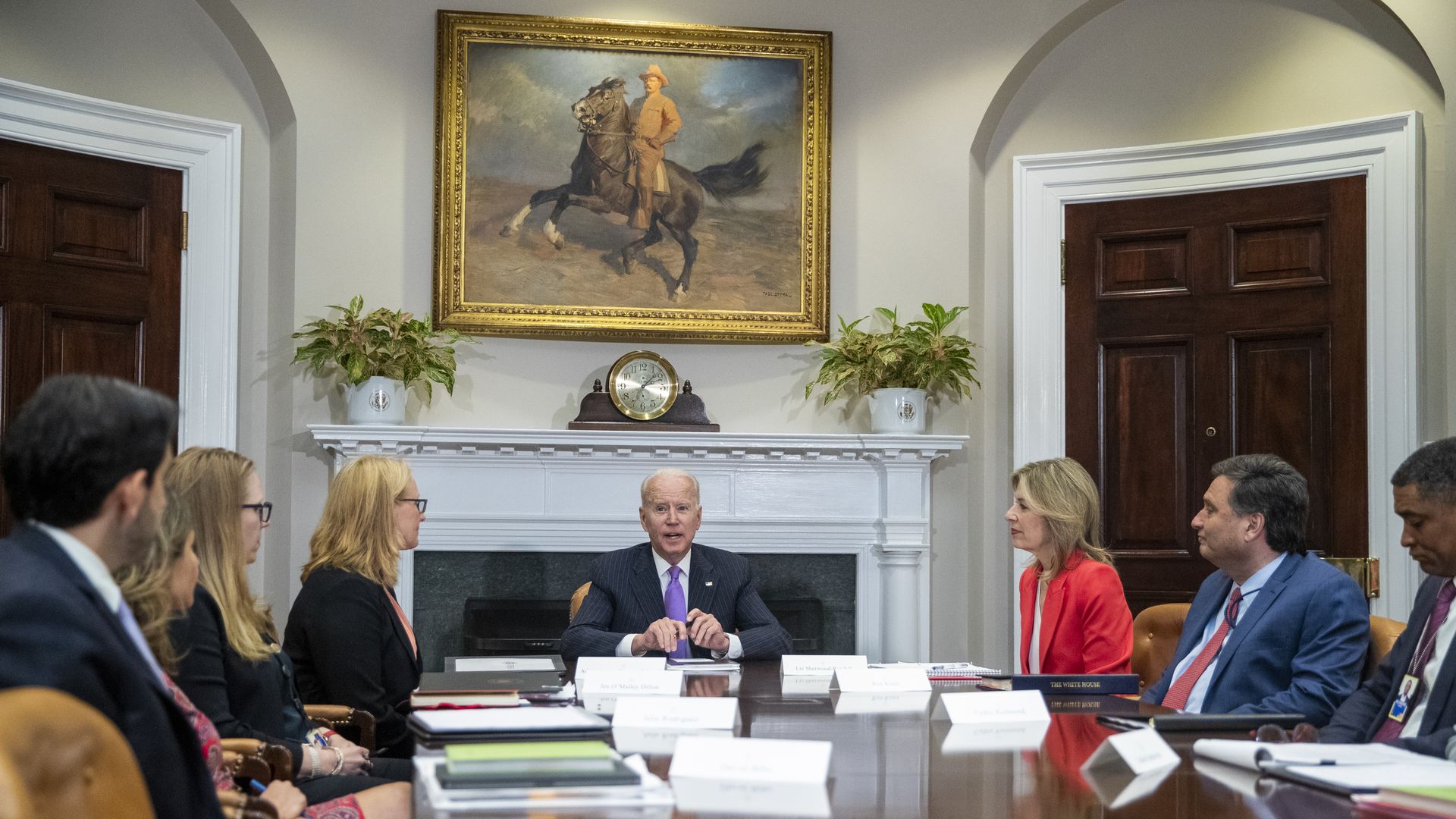 President Biden speaks during a meeting in the Roosevelt Room of the White House in Washington, D.C.,