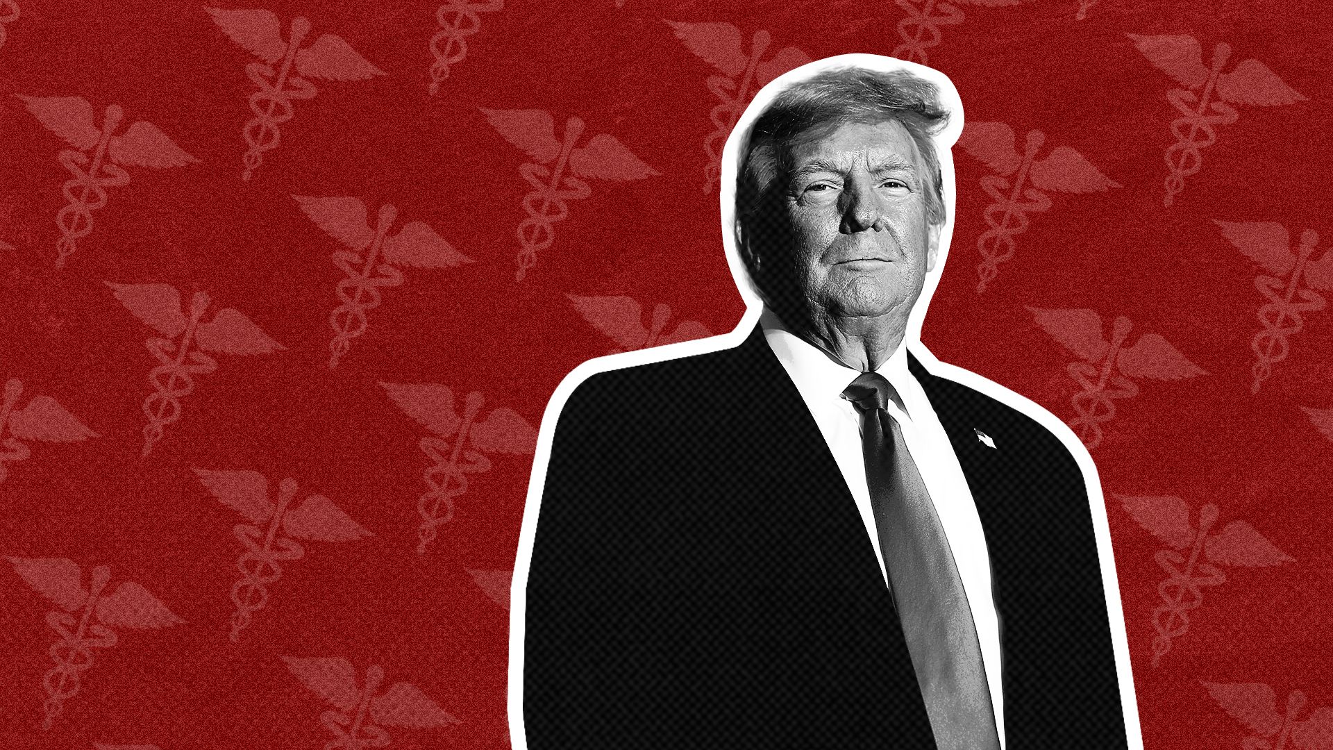 a photo illustration of former president donald trump on a background made of caduceuses 