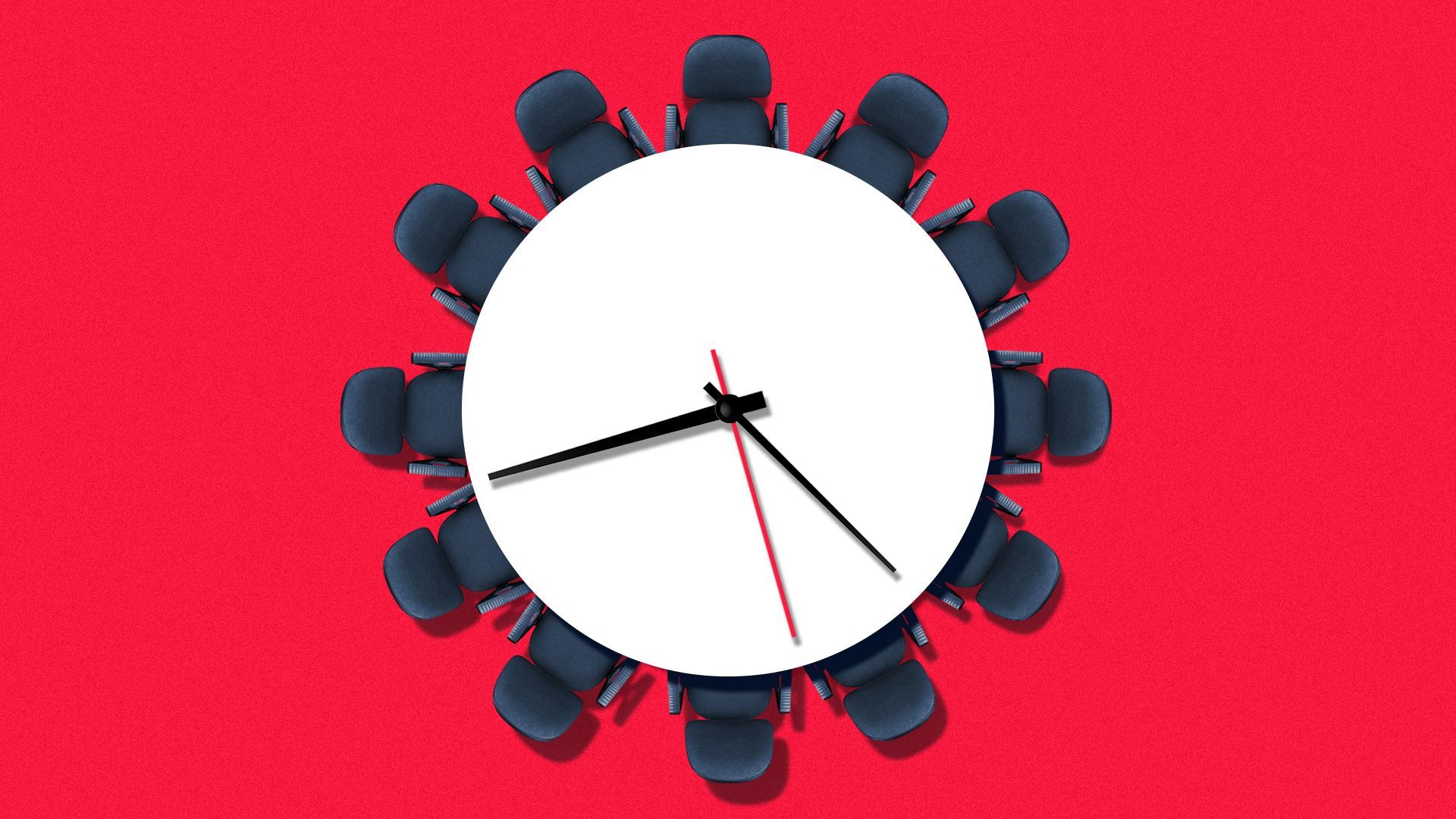 Illustration of a conference table surrounded by empty chairs with clock hands in the center
