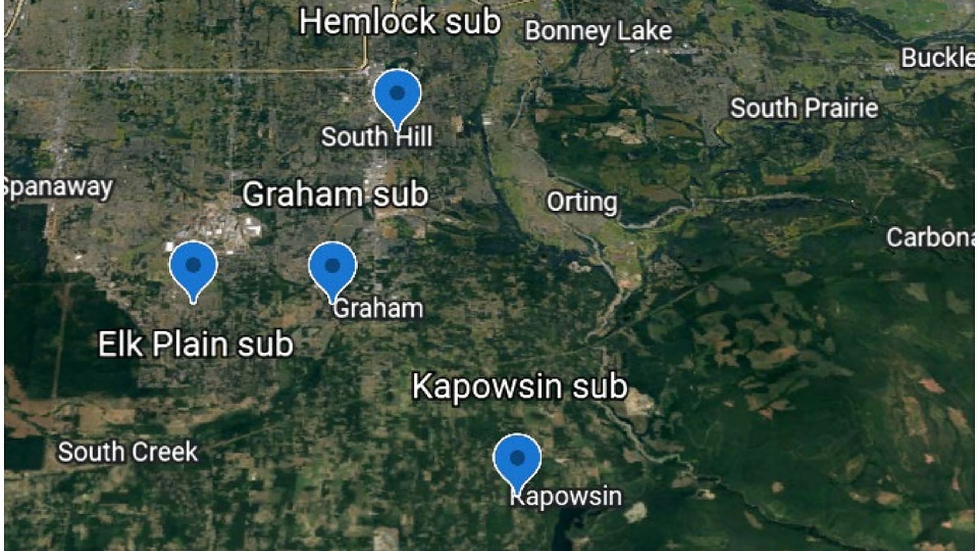 A map that Puget Sound Energy provided to the Justice Department showing the close proximity of the four substations attacked on Christmas Day.