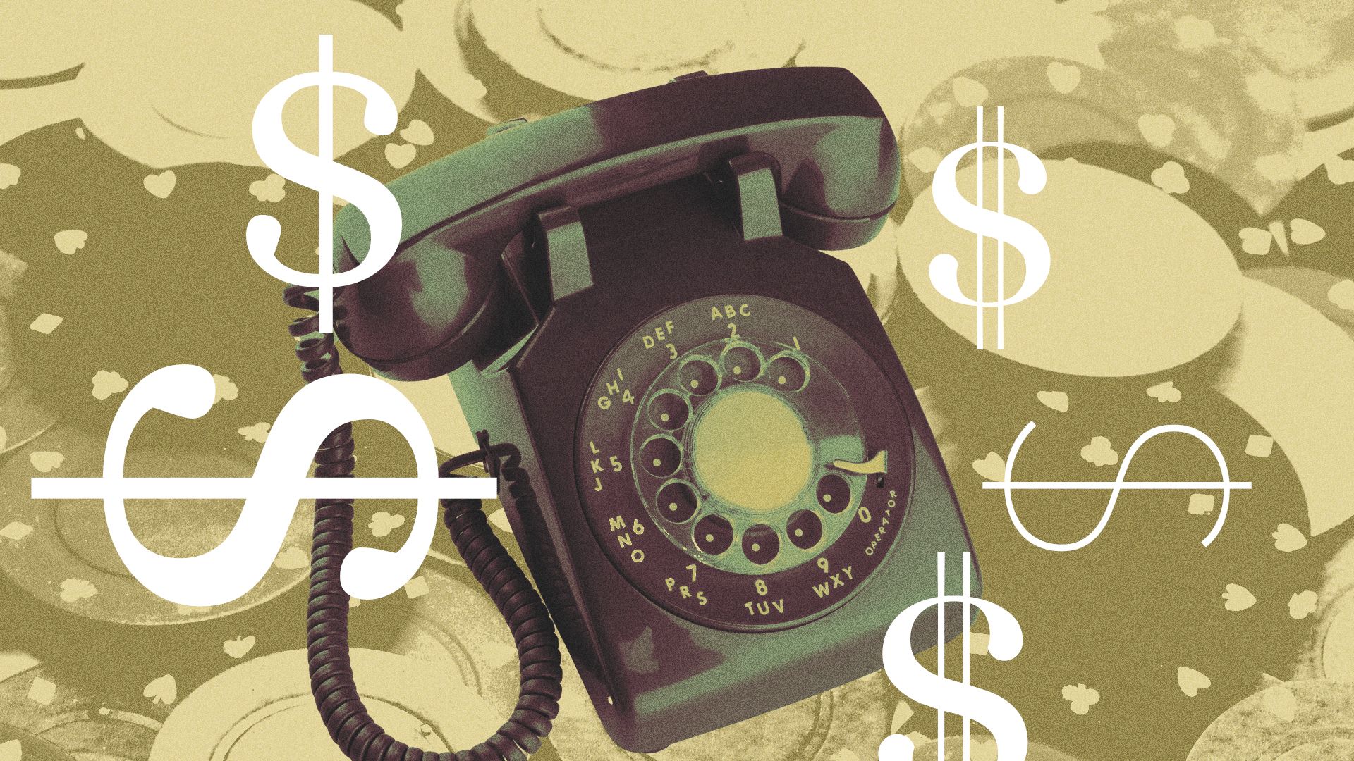Illustration of a rotary phone surrounded by gambling chips and money elements. 