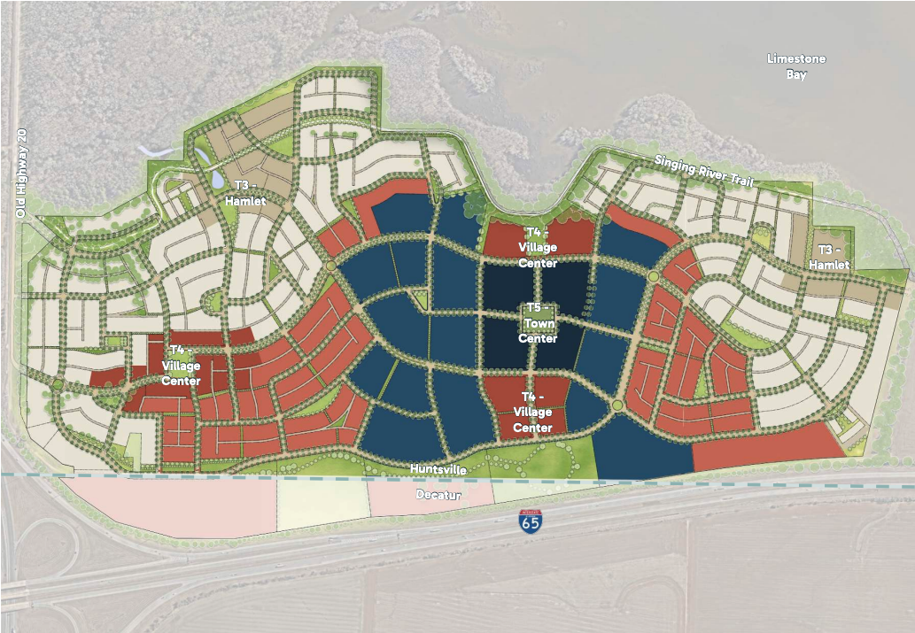 An overhead view shows planned sections of a large housing development, with varying colors labeled "Town Center," "Village Center," and "Hamlet."