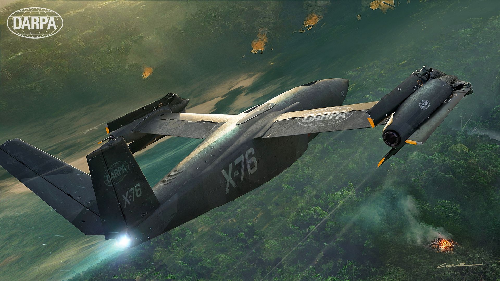 A futuristic dark gray X-76 aircraft with DARPA logos zooms over a dense jungle.