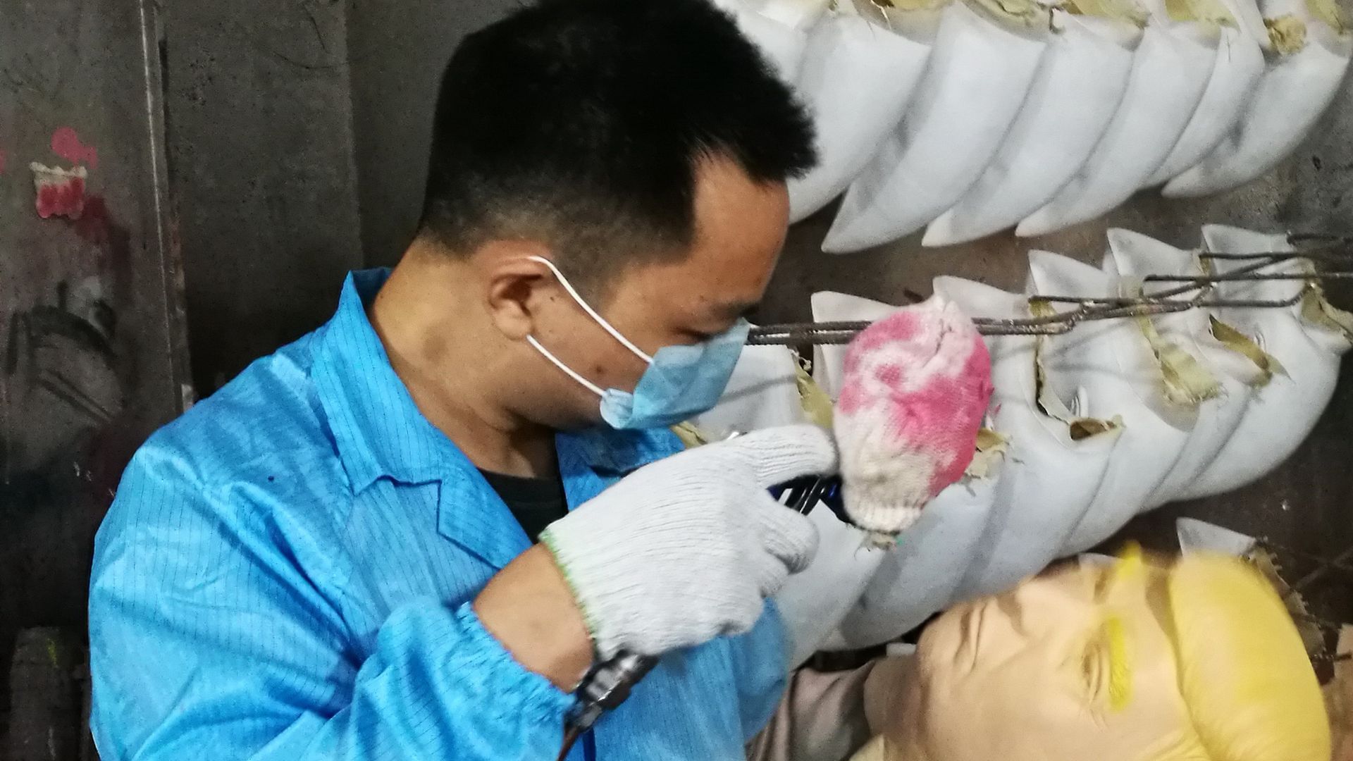 An employee paints a mask of American president-elect Donald Trump at a latex crafts factory on November 9, 2016 in Shenzhen, Guangdong Province of China.