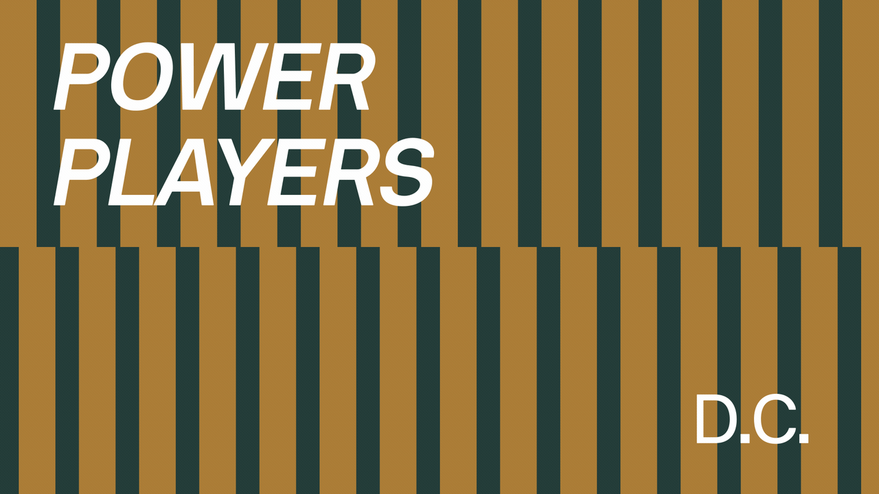 Illustration of two rows of dominos falling with text overlaid that reads Power Players D.C.