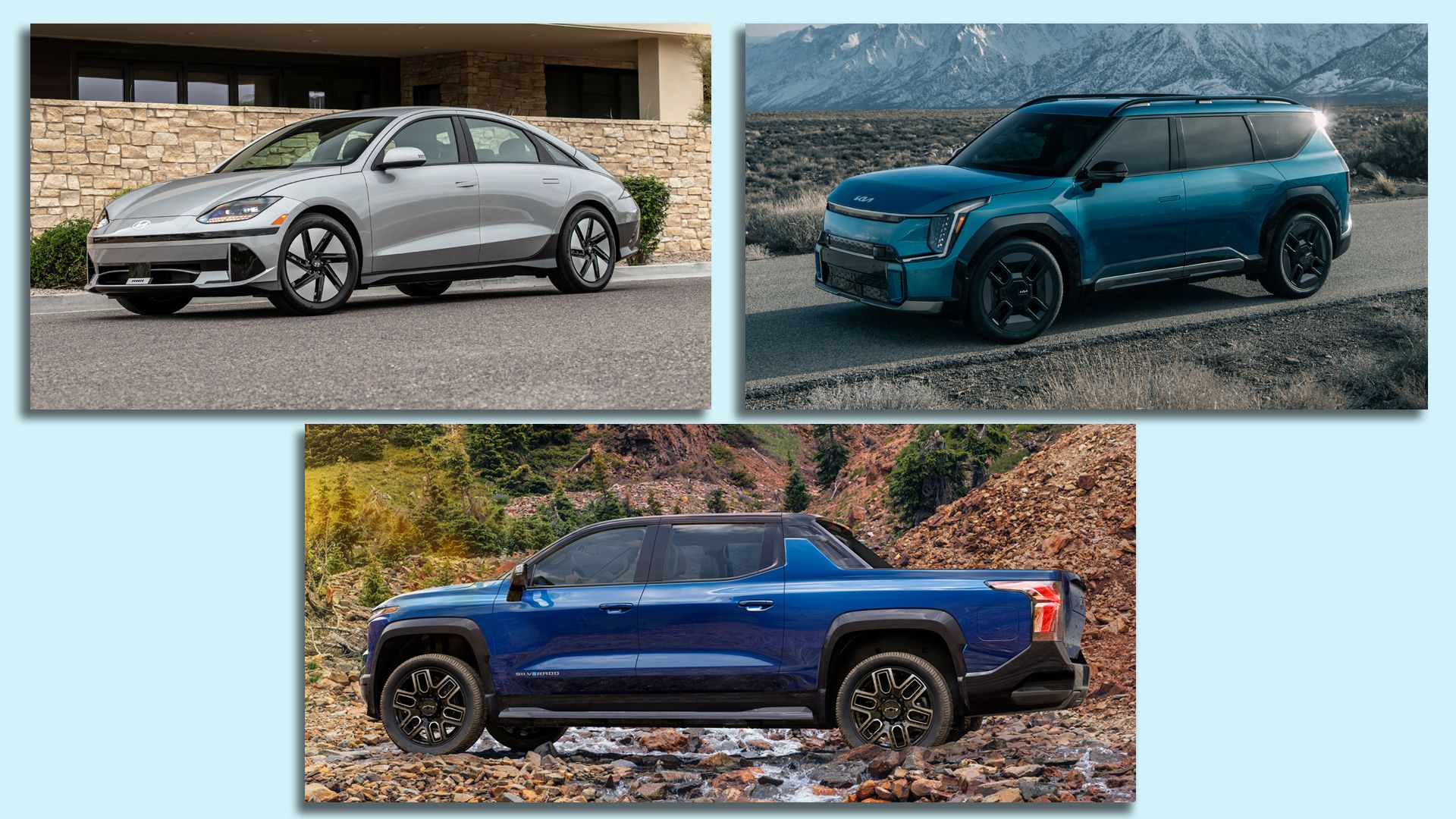 Images of 3 electric vehicles that are finalists for car, truck and SUV of the year: the Hyundai Ioniq 6, Kia EV9 and Chevrolet Silverado EV