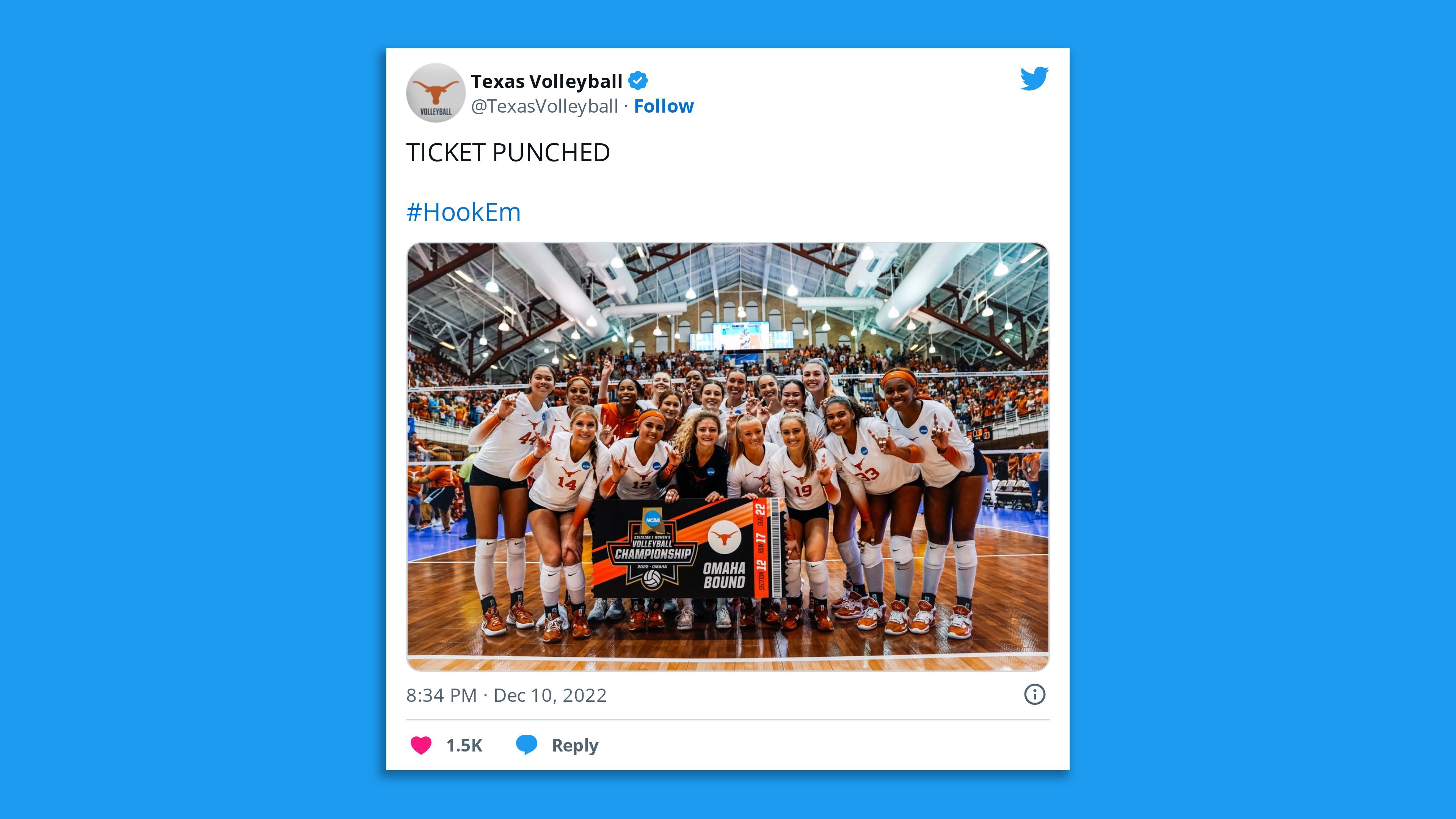 The UT volleyball team celebrates their qualification for the Final Four, via Twitter screenshot.