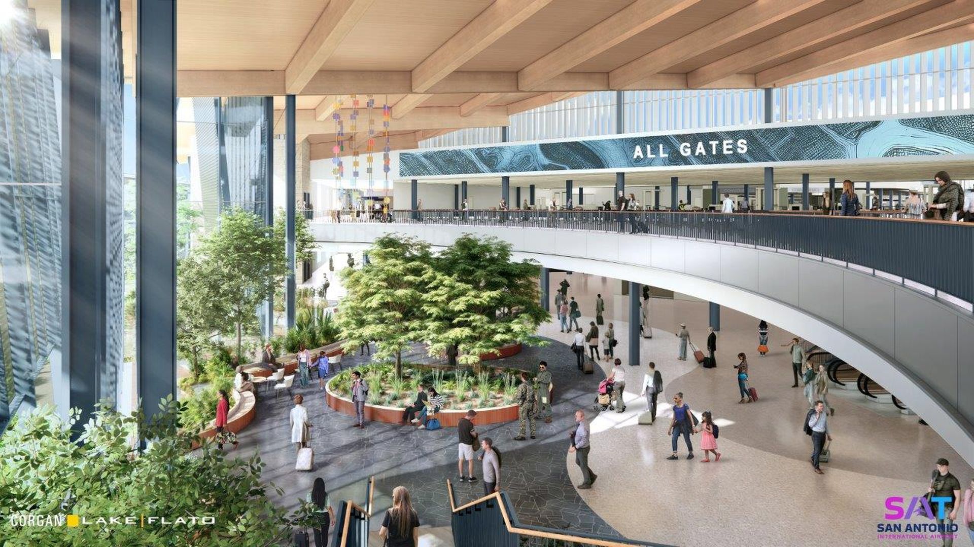 A welcome plaza in the new terminal comes with indoor trees and natural light.