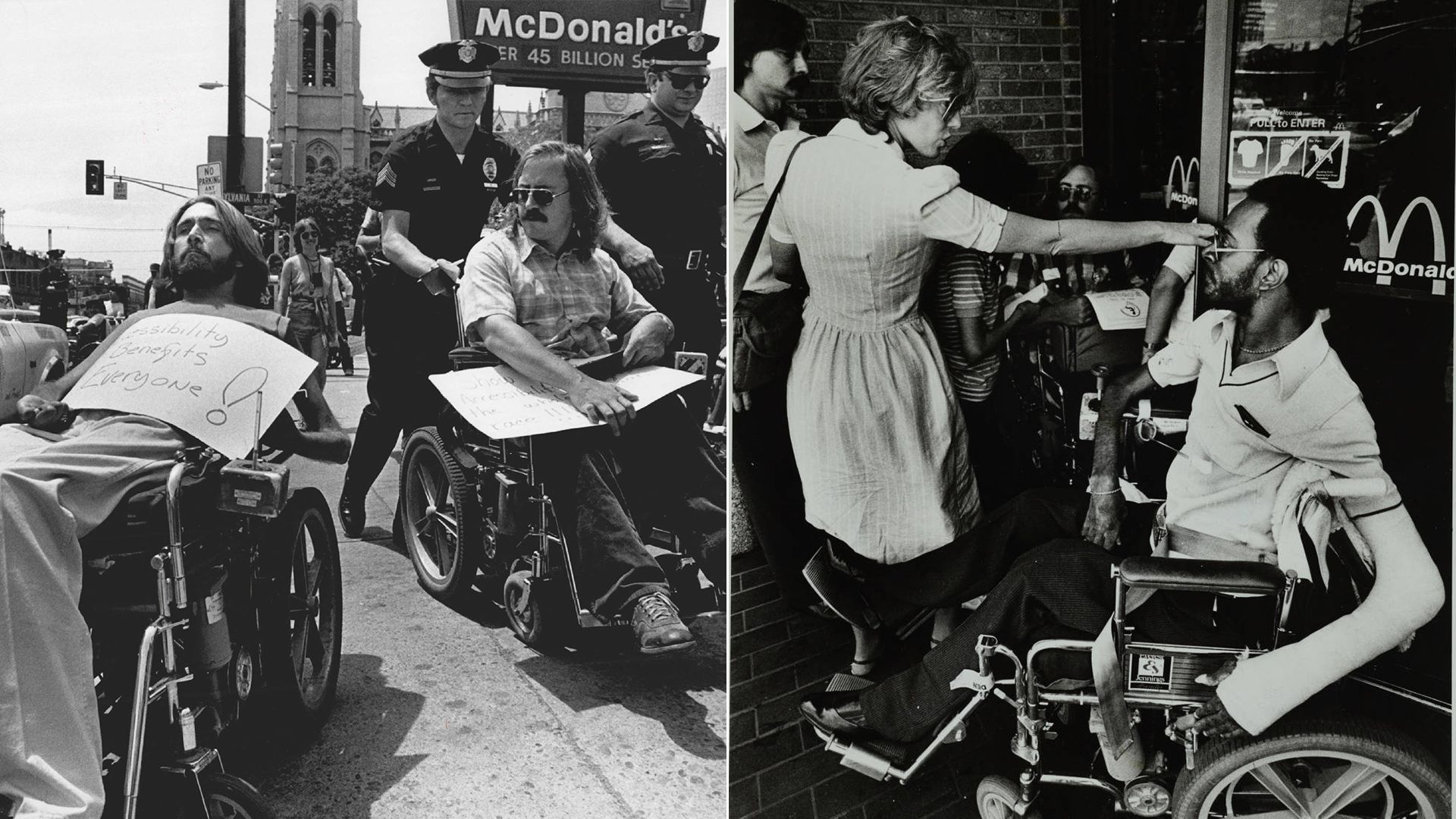 People in wheelchairs protest outside a McDonald's restaurant.