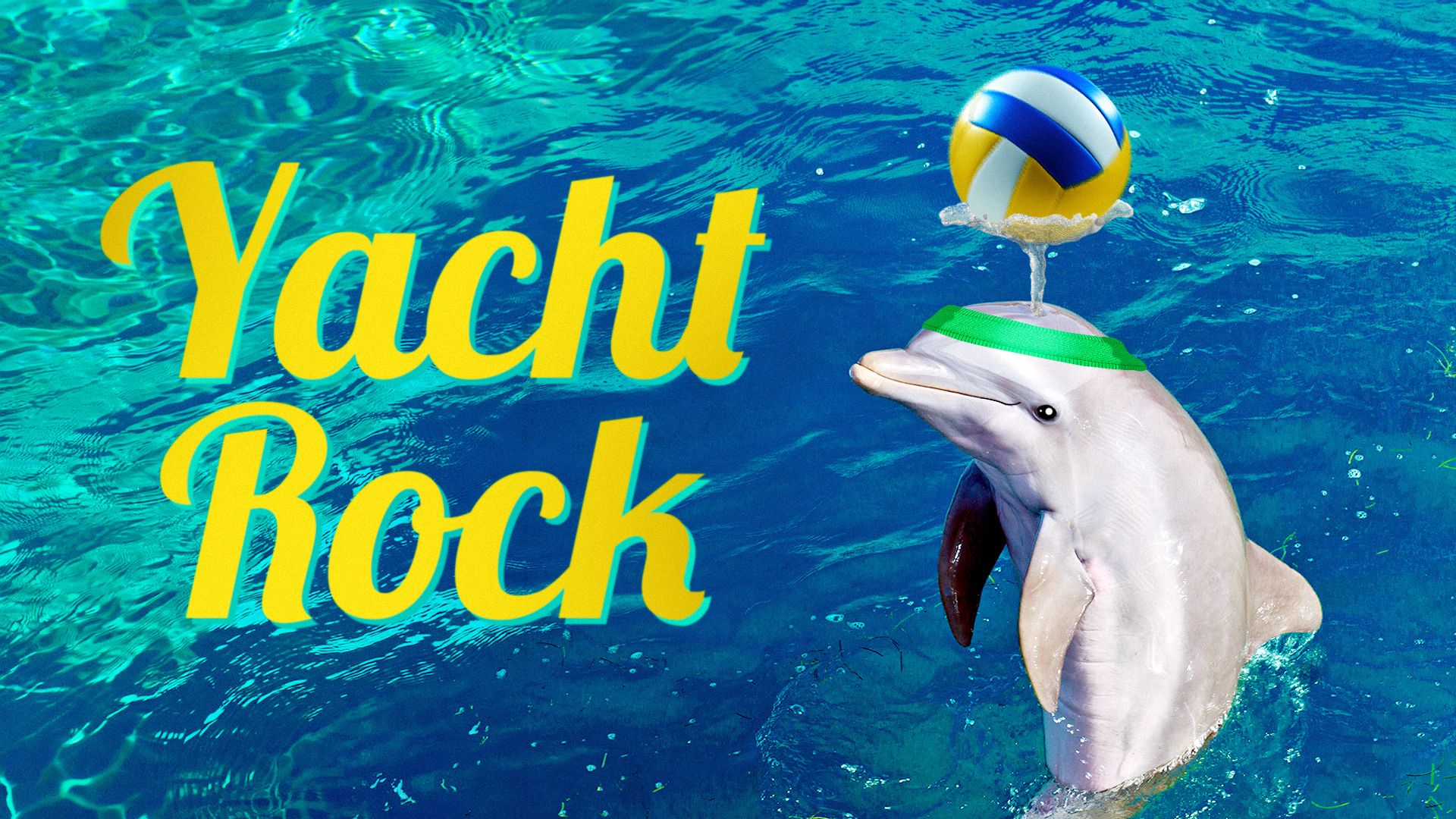 Illustration of a dolphin playing with a volleyball next to the words "Yacht Rock."
