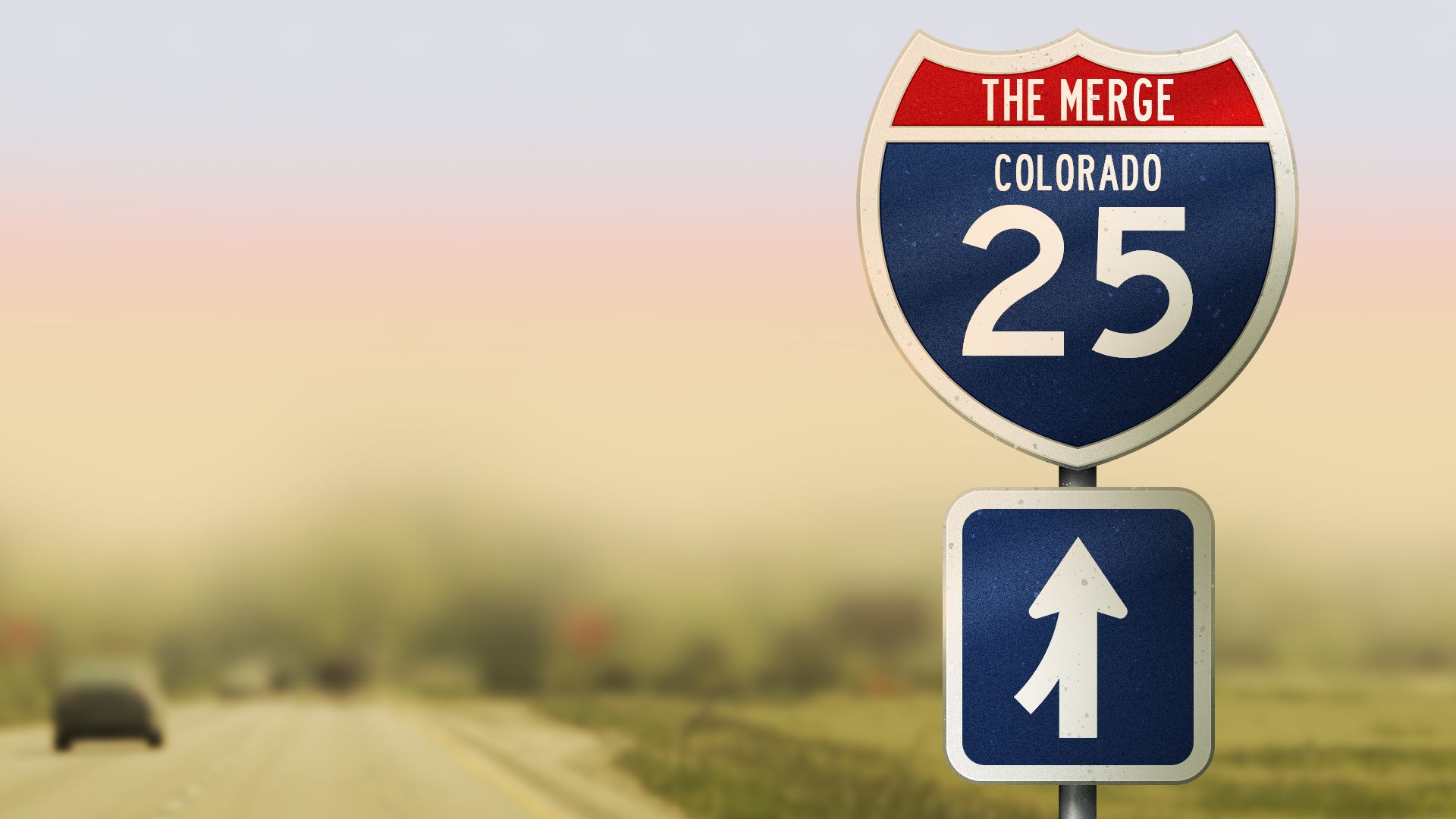 Illustration of an I-25 road sign that reads "The Merge" with a highway and mountains in the background