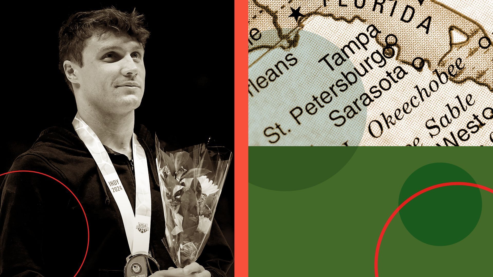 Photo illustration of Bobby Finke and a map of the Tampa Bay area.