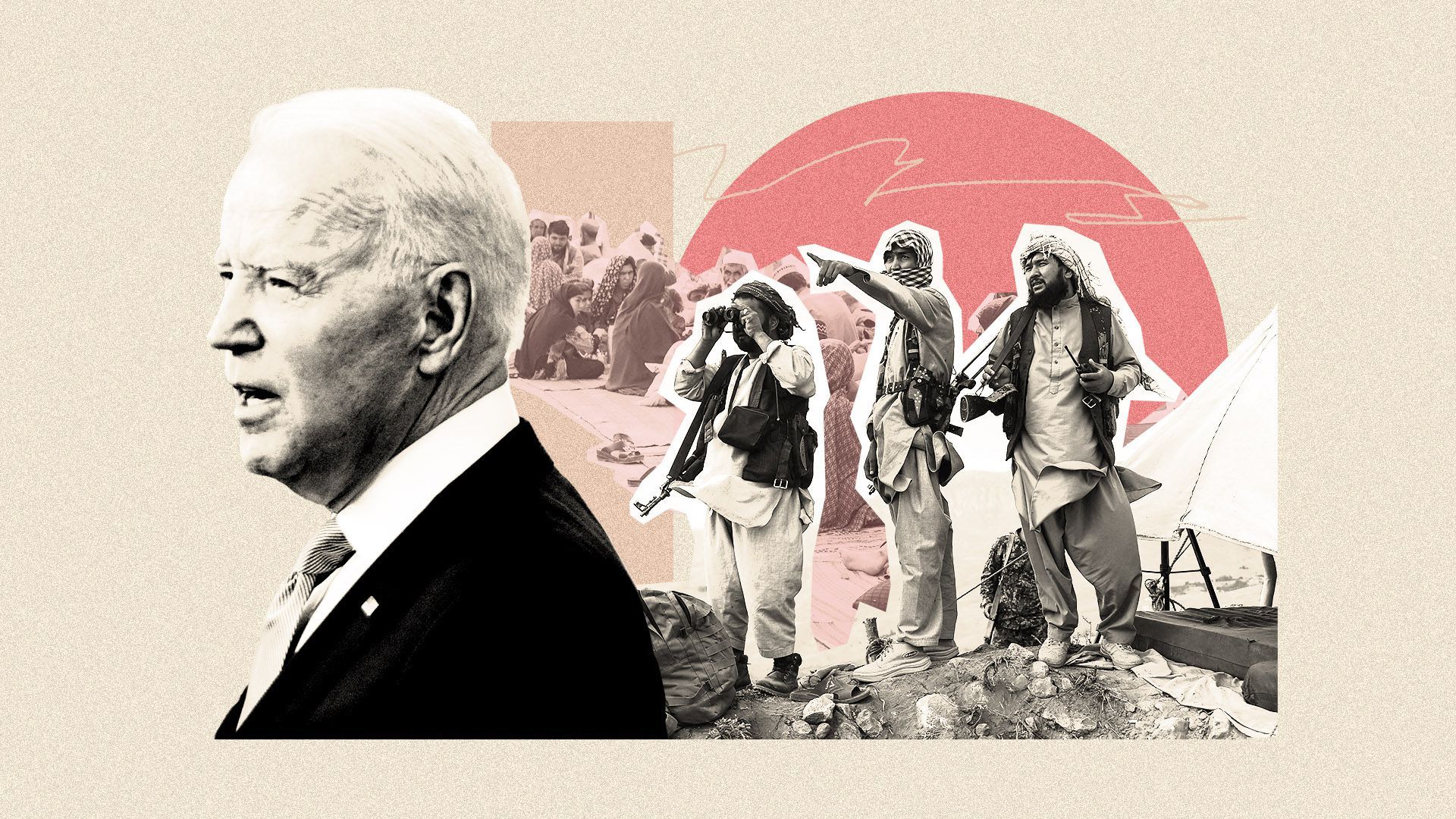 Photo illustration of President Biden with Afghan militia fighters and displaced Afghan families