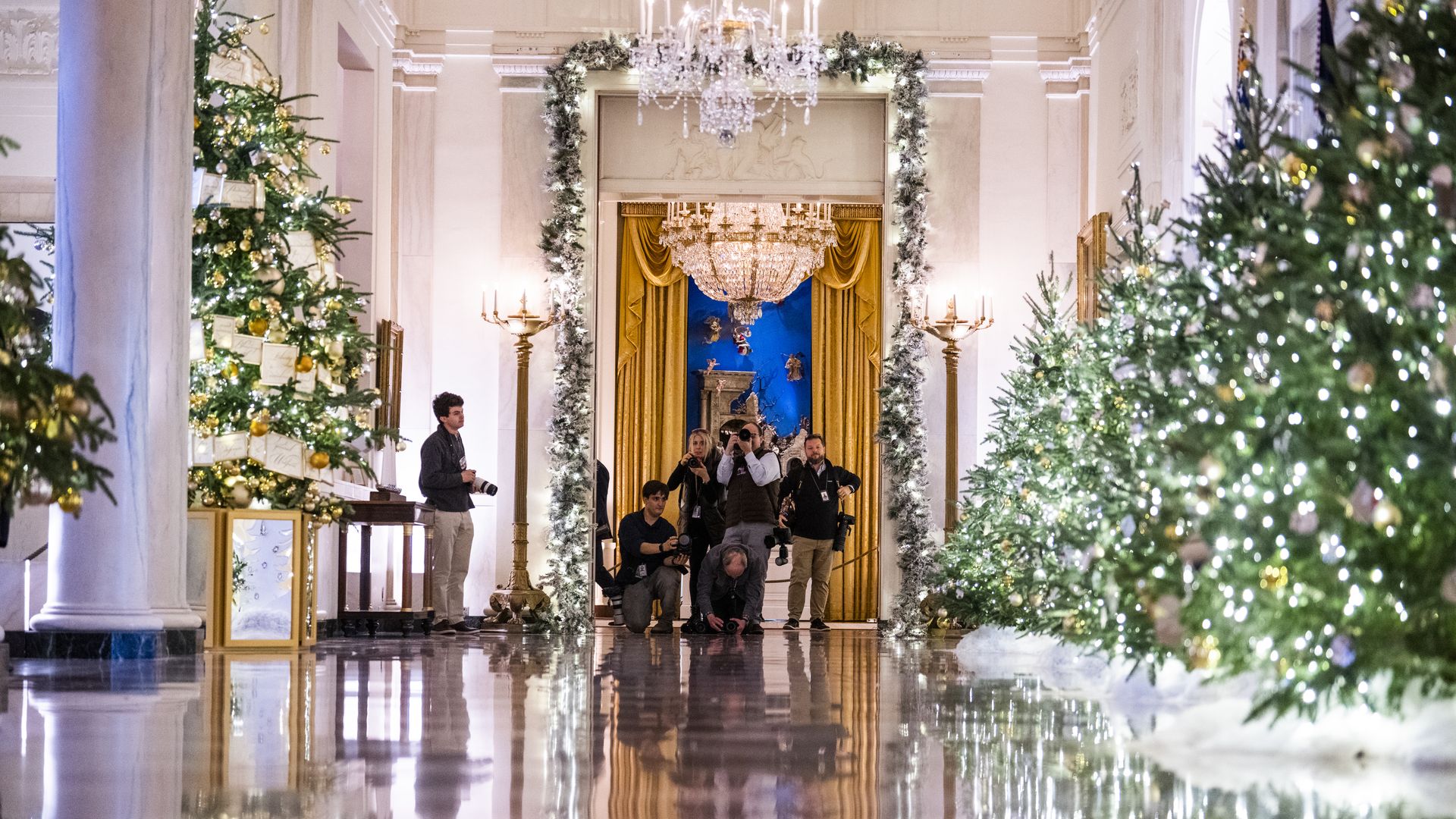 White House Christmas decor in the Cross Hall.