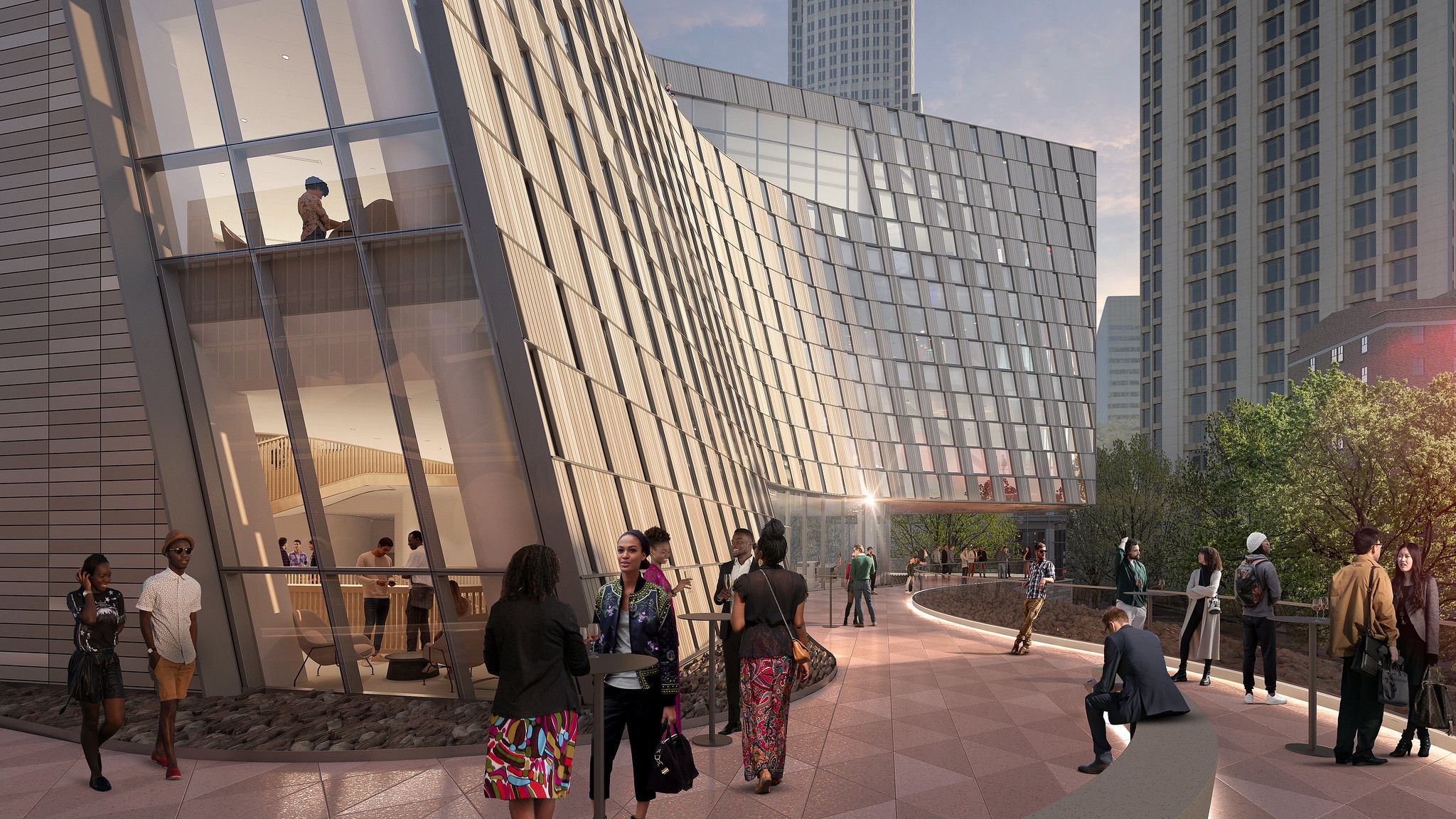 Rendering of a terrace with people standing around