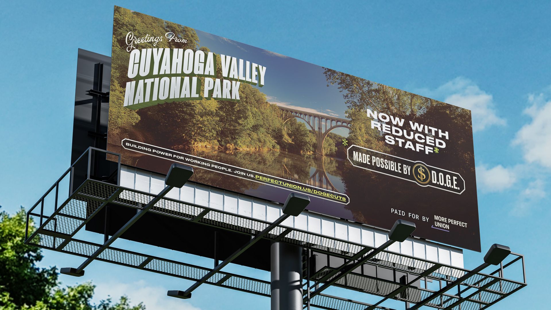 A billboard showing that a national park has reduced staff.