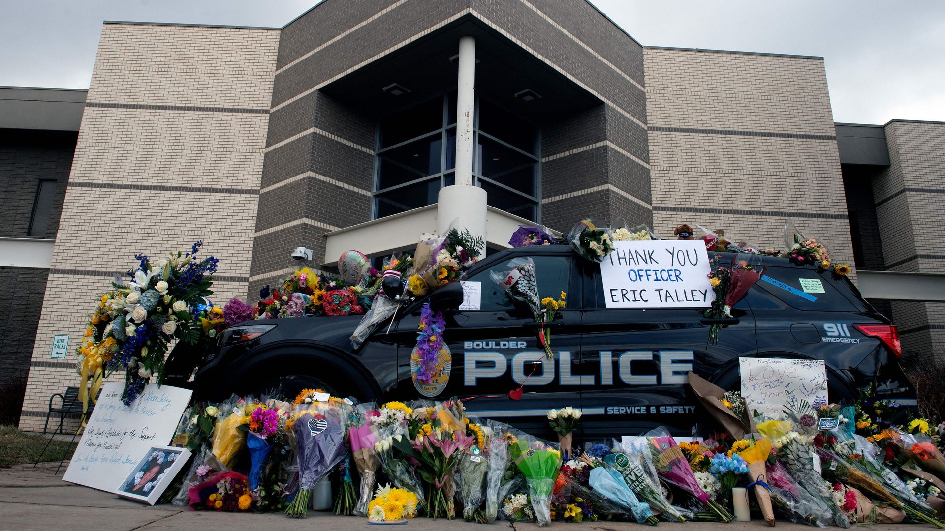 The police cruiser used by slain officer Eric Talley is seen in front of the Boulder Police Department after he was killed in Monday's mass shooting in Boulder, Colorado.