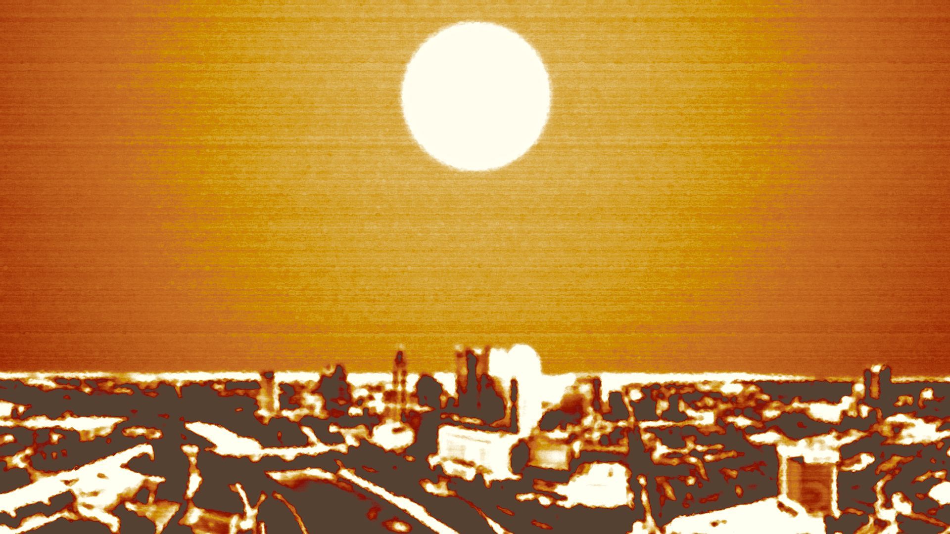 Illustration of the Columbus skyline under a hot sun.