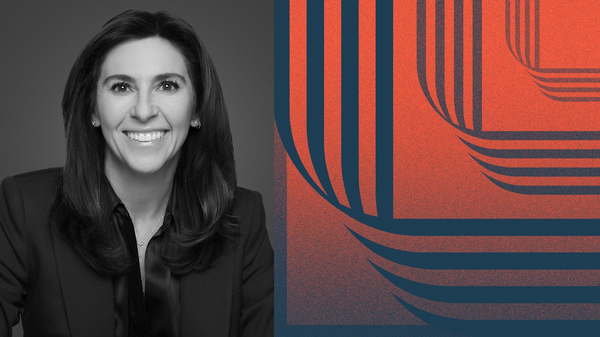 Photo illustration of Melissa Sachs next to a pattern of Link Logistics logos.