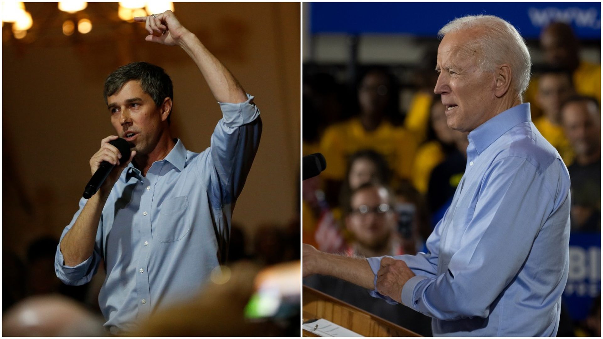 This image is a two-way split screen between Joe Biden and Beto O'Rourke