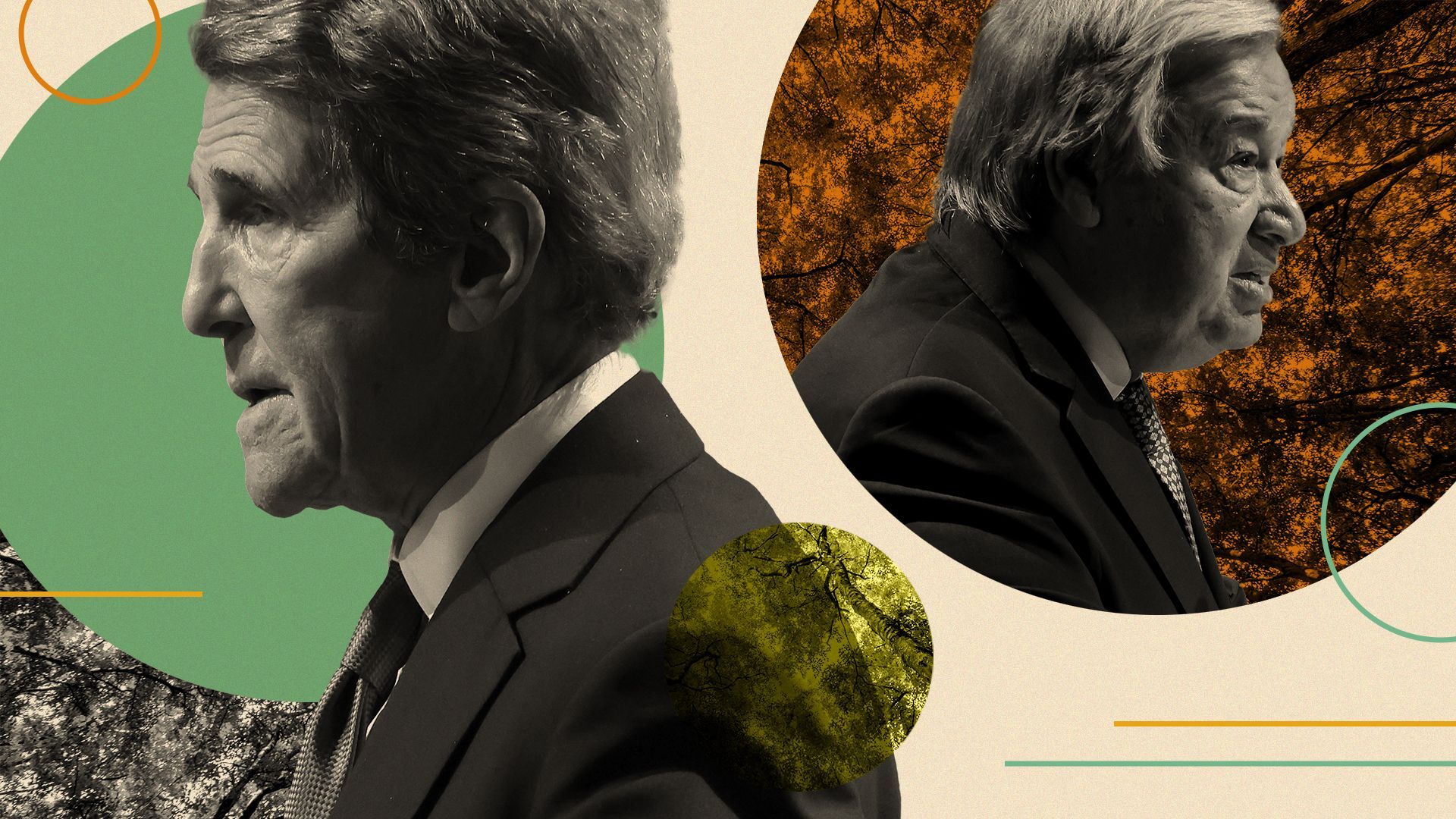Photo illustration of John Kerry and António Guterres with abstract shapes.
