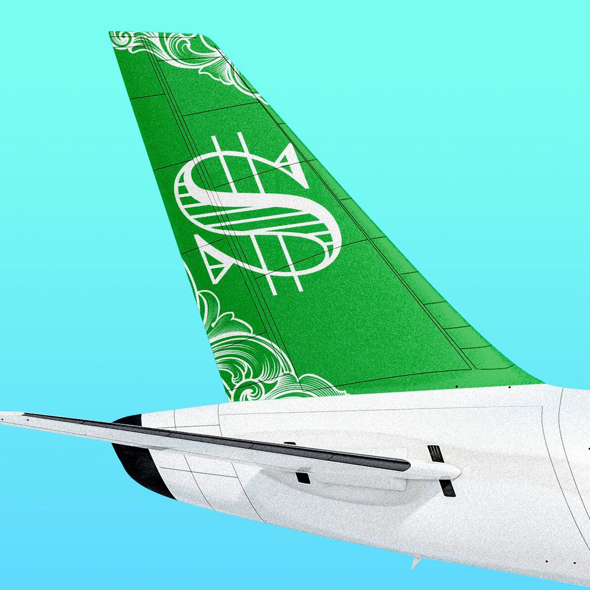 Illustration of an airplane tail design with a dollar bill sign on it.   