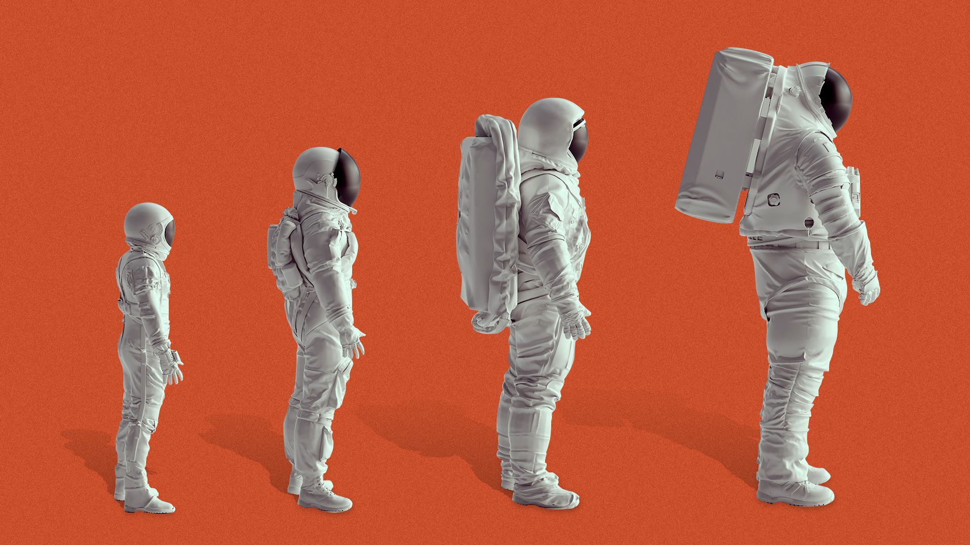 Illustration of a series of astronauts getting larger and wearing progressively better space suits, similar to the March of Progress illustration. 