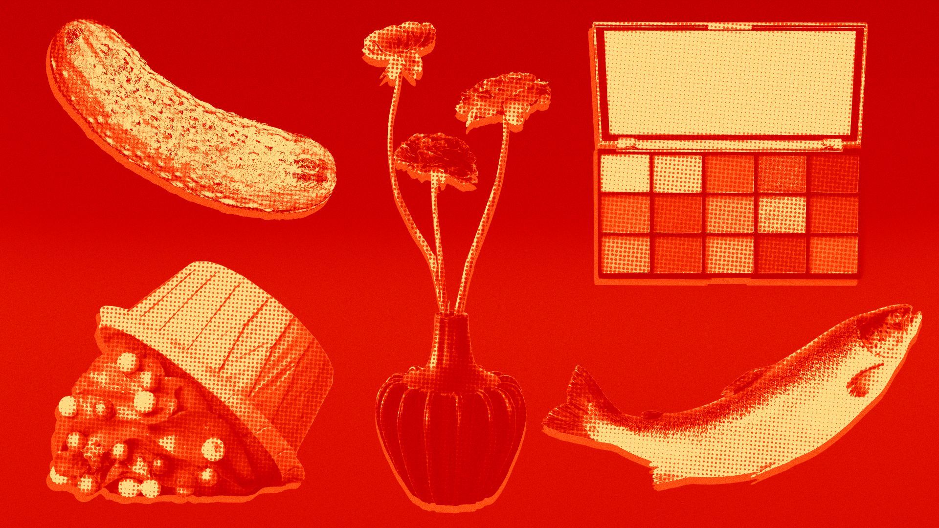 Illustration of various objects including a pickle, and overturned cupcake, a vase with flowers, makeup, and a fish