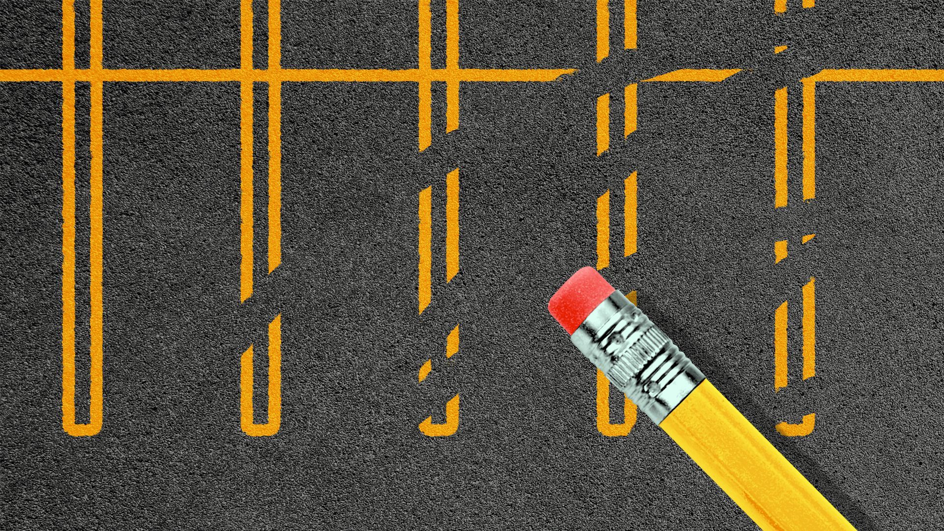 Illustration of a pencil eraser erasing the lines in a parking lot.