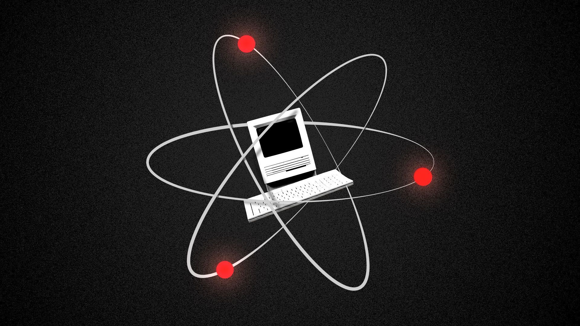 Illustration of a computer floating in the center of an atom.