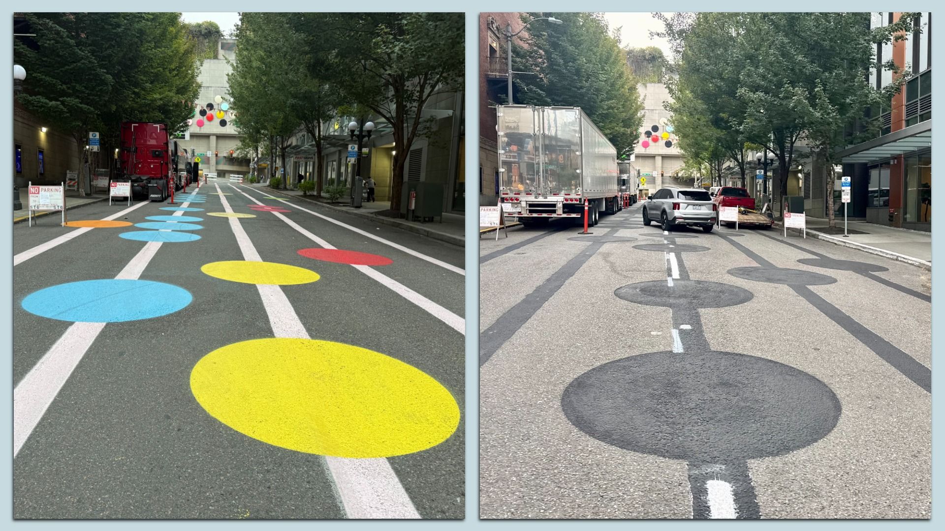 Split image of a city street: left panel features a road painted with large blue, yellow, and red circles, with trees and a red truck; right panel shows trucks, cars, and balloons, with black paint over where the circles once were.