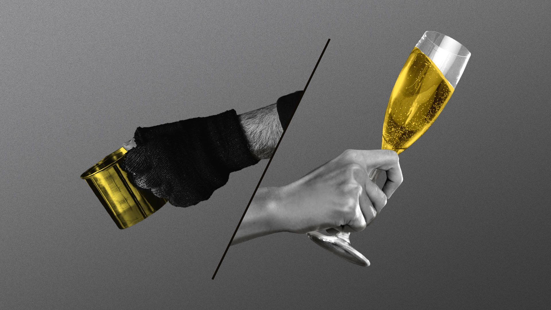 Illustration of a hand holding a glass of champaign and another with a cup panhandling.
