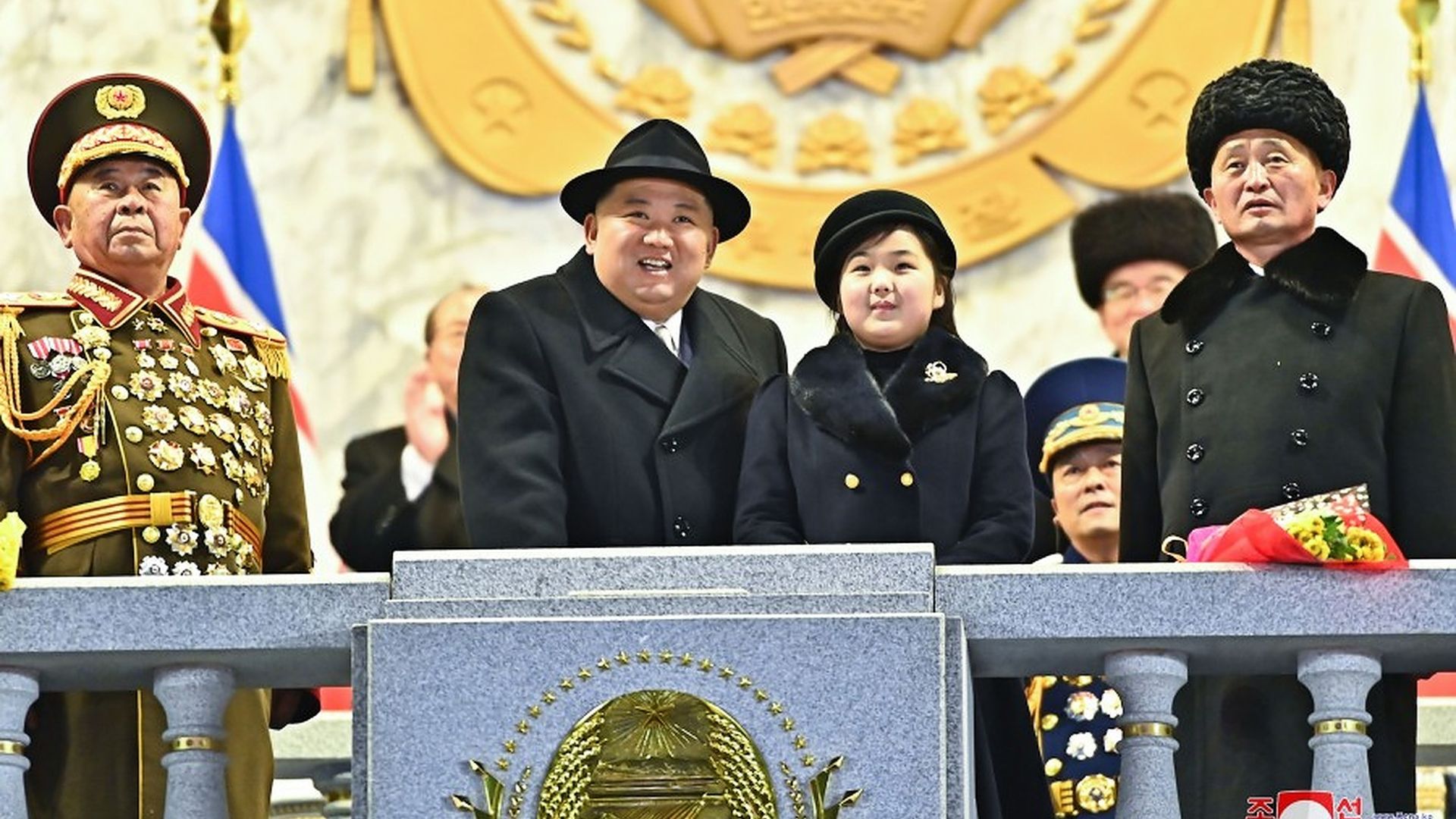 North Korean leader Kim Jong-un with his daughter Kim Ju-ae during a military parade celebrating  the 75th anniversary of the founding of the military in Pyongyang.