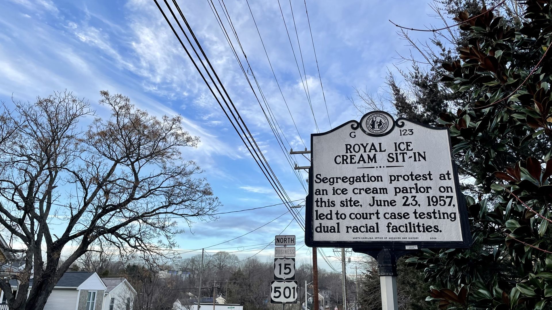 A historical marker notes the site of the Royal Ice Cream Sit-in. 