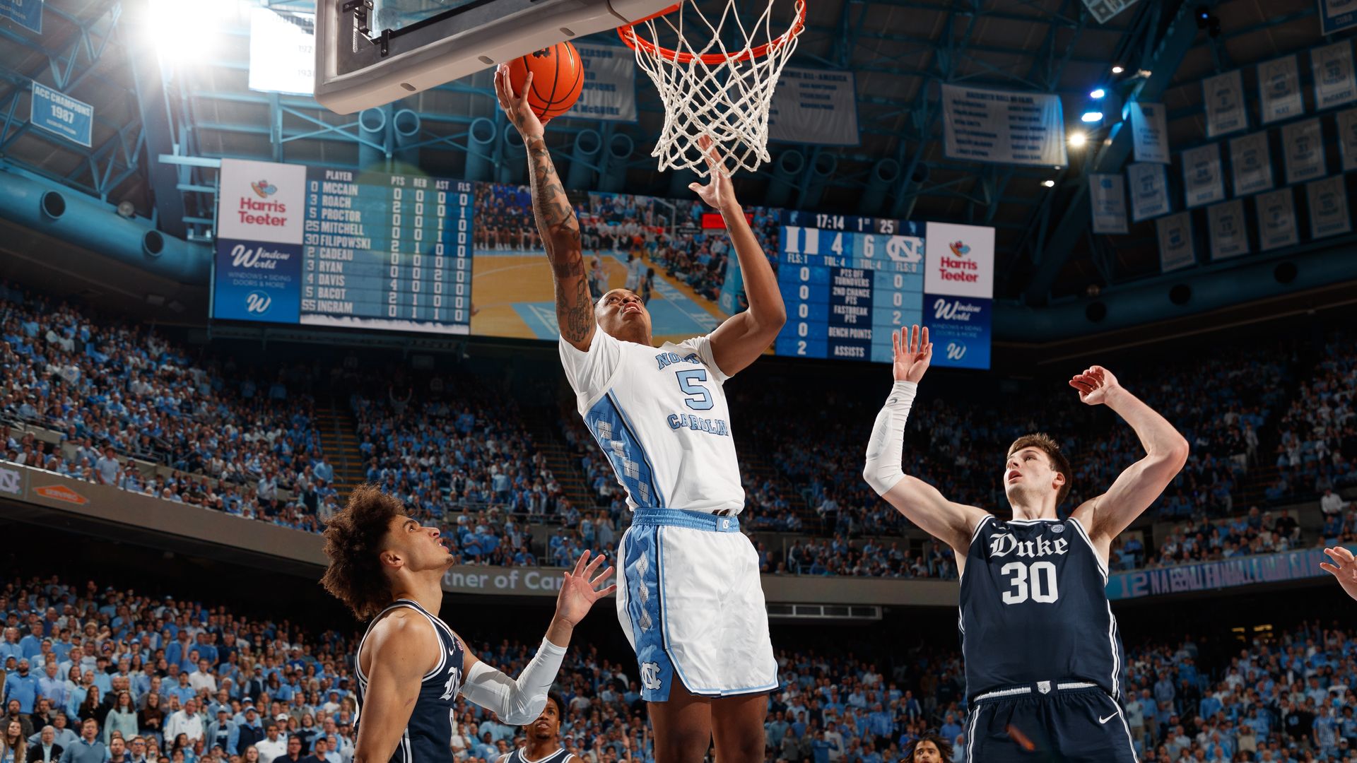 CHAPEL HILL, NC - FEBRUARY 03: Armando Bacot #5 of the North Carolina Tar Heels goes to the basket during a game against the Duke Blue Devils at the Dean Smith Center on February 03, 2024 in Chapel Hill, North Carolina. North Carolina won 93-84. (Photo by Peyton Williams/UNC/Getty Images)