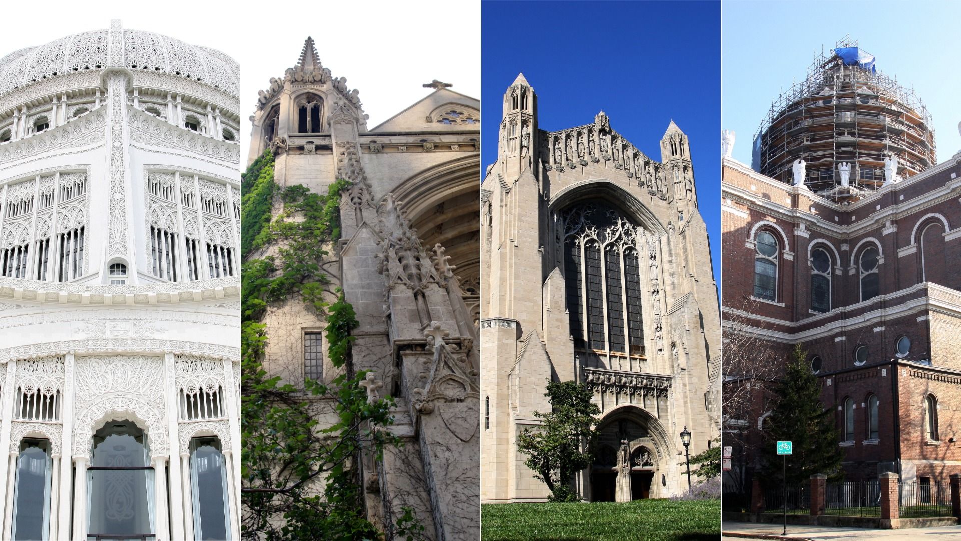 Collage of four architectural scenes: an ornate white Gothic facade with latticework; ivy-covered stone church; tall gothic arched window; brick building topped by a domed structure under scaffolding.