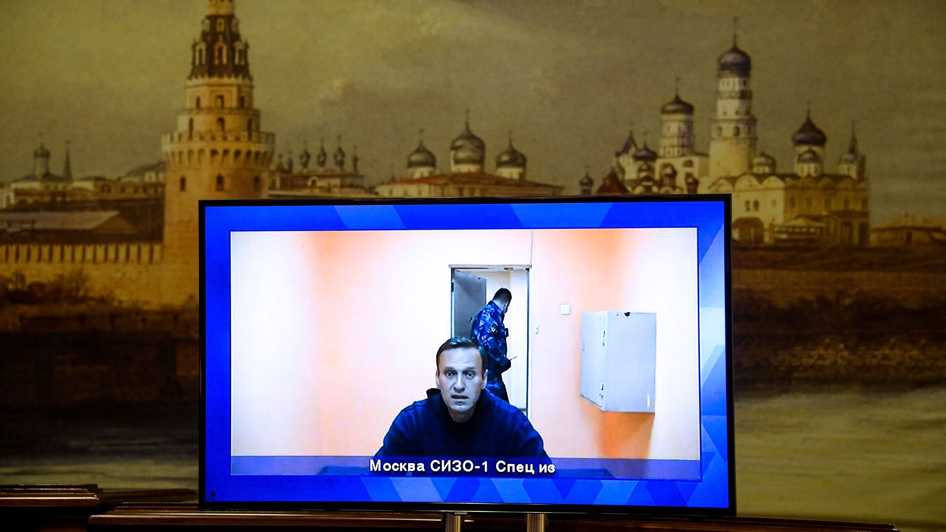 Opposition leader Alexei Navalny appearing on a screen while speaking from prison in January 2021.