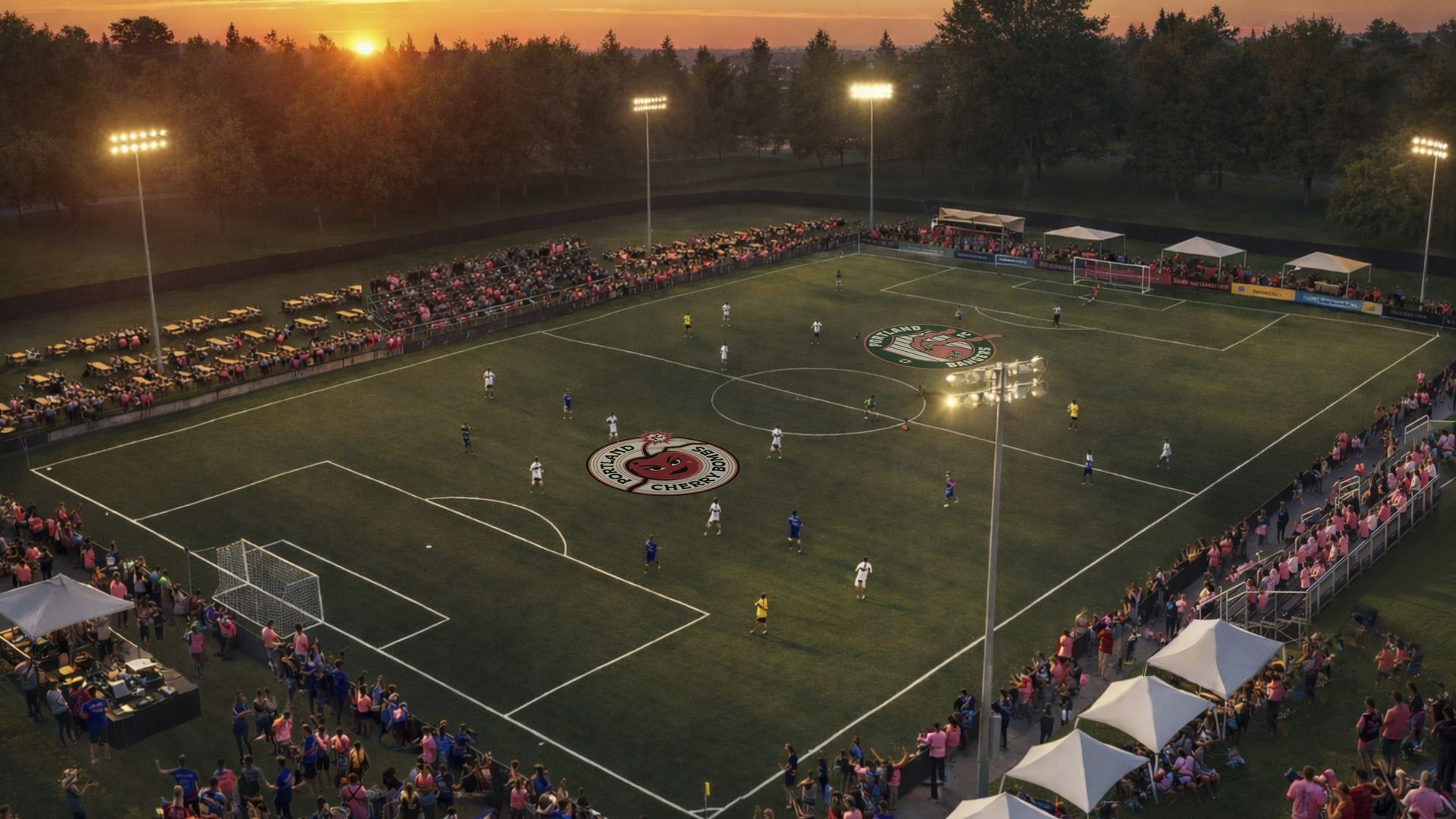 A soccer game is playing at sunset on a field with crowd in pink shirts around the pitch. Logos for Portland Thorns and Portland Cherry Bombs are visible on the grass.