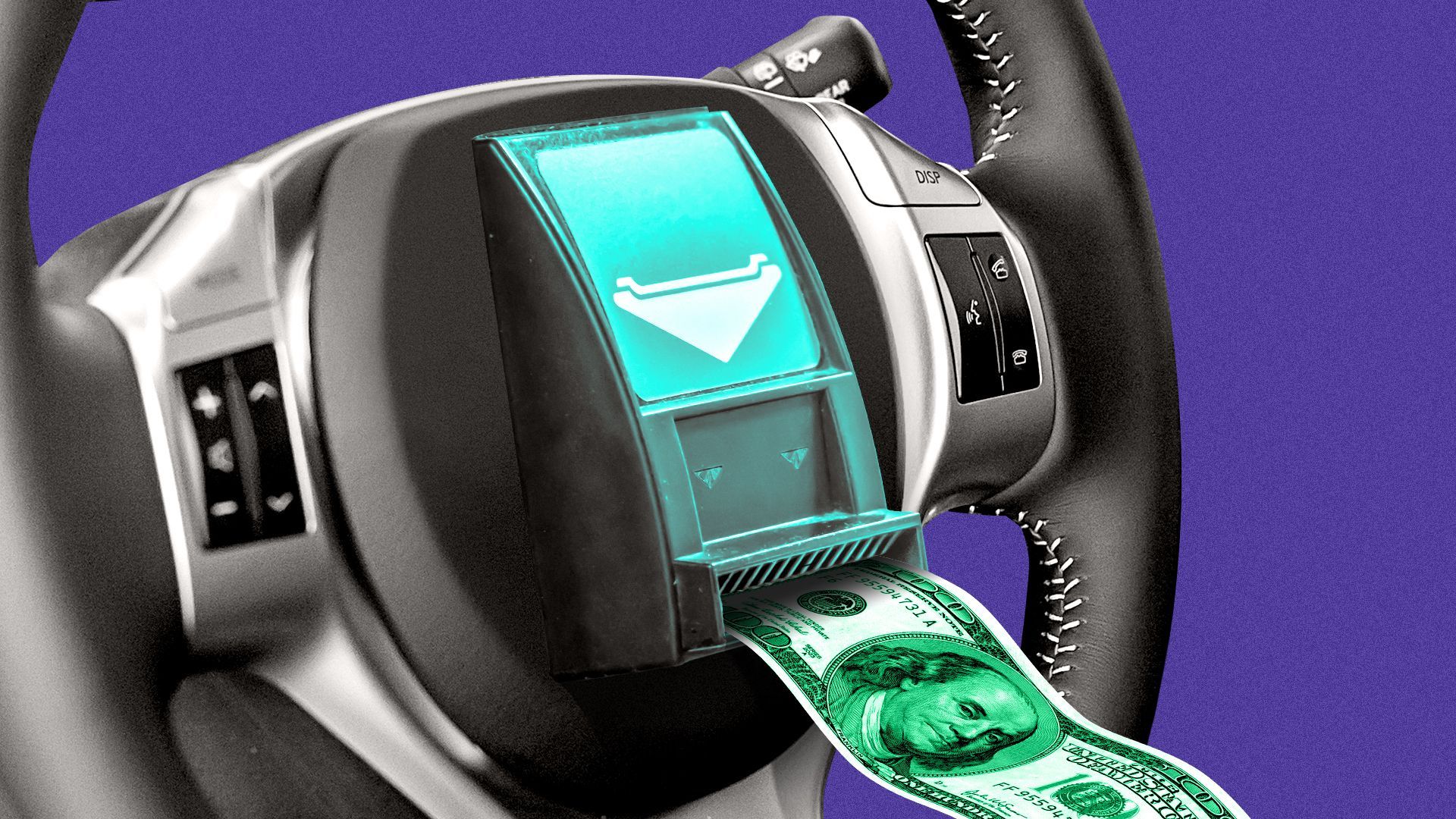 Illustration of a steering wheel with a vending machine money slot and a hundred dollar bill going into it.