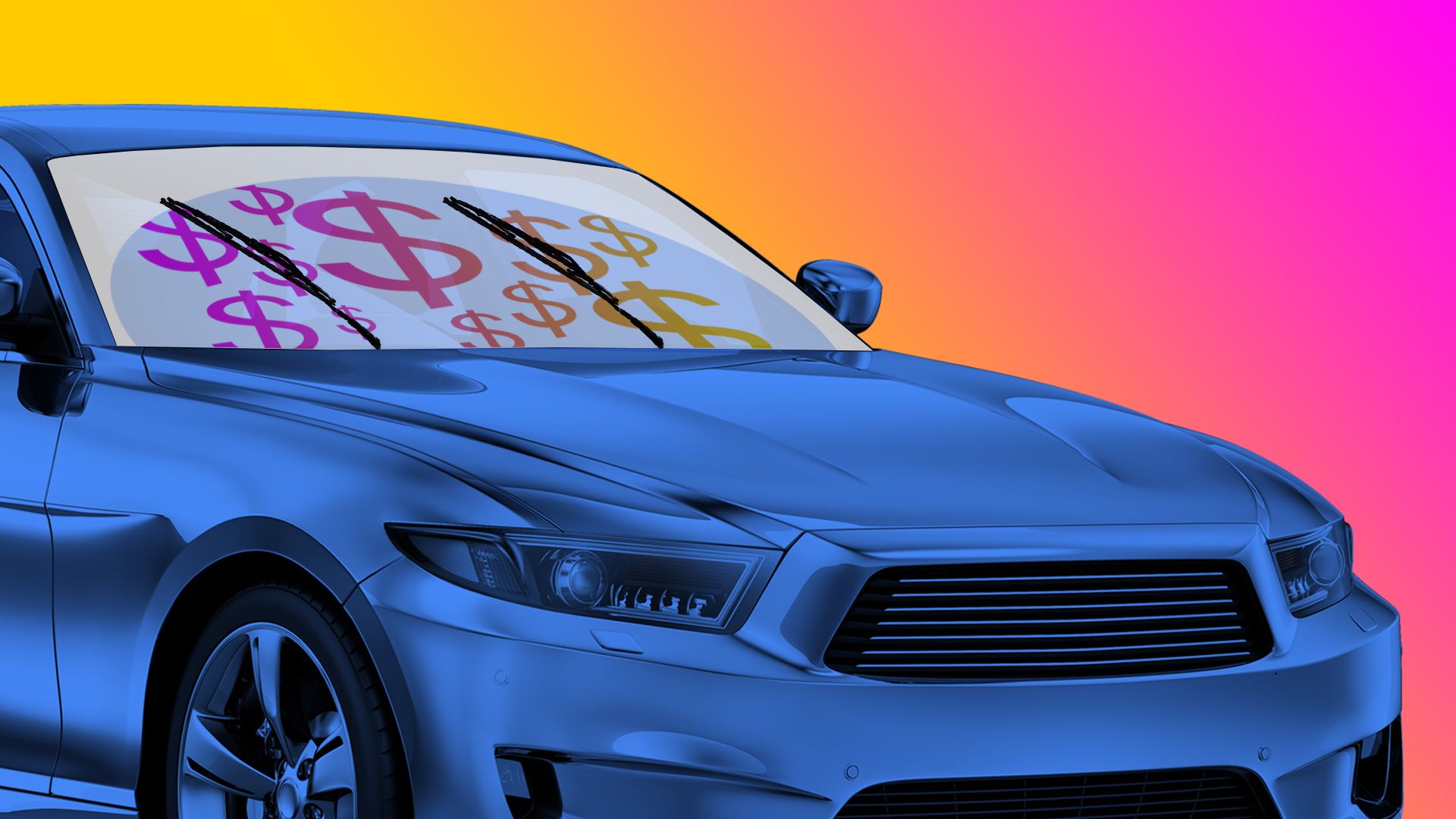 a car with colored dollar signs in the windowshield