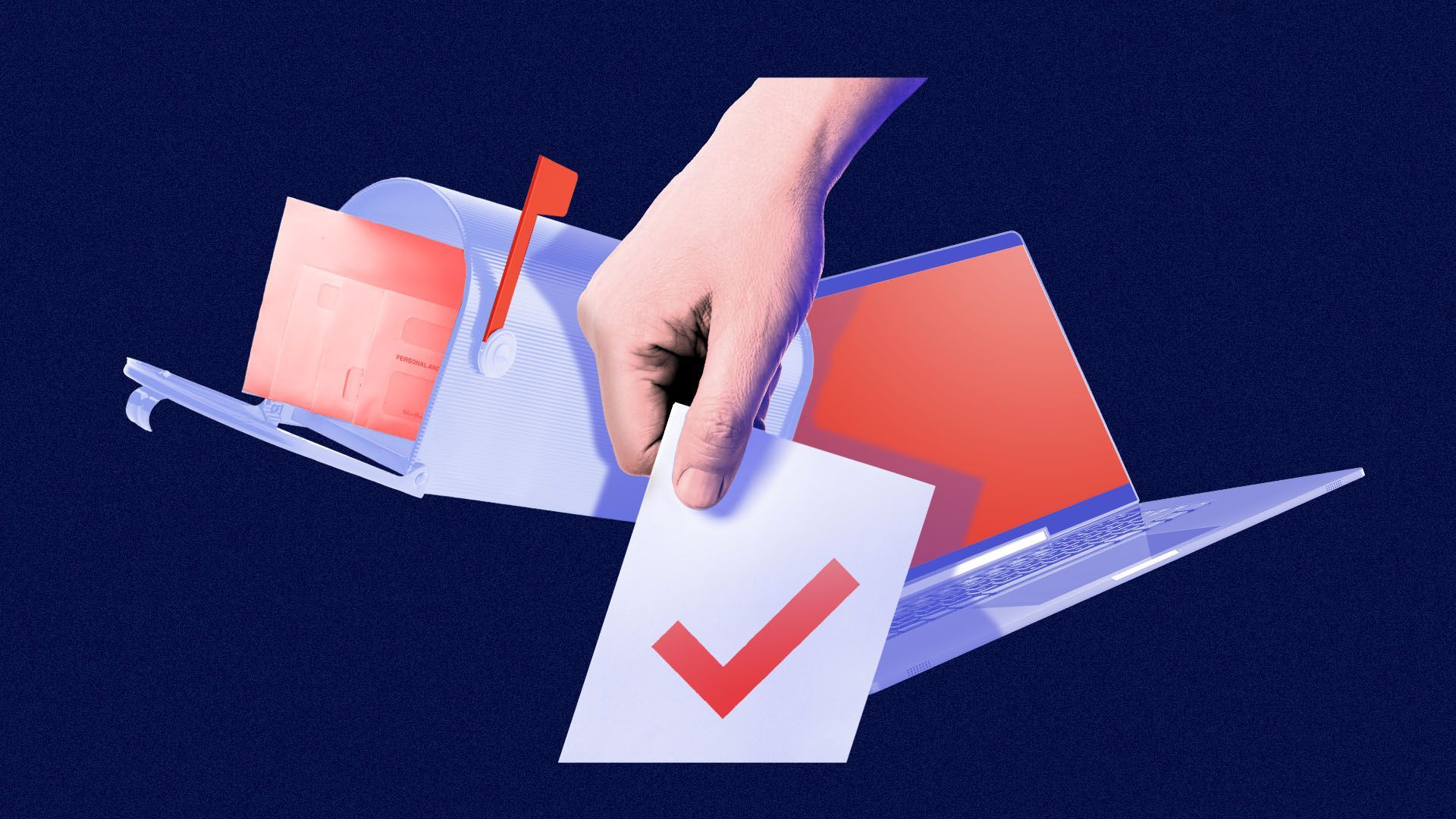 Illustrated collage of a hand casting a ballot with a mailbox and laptop in the background