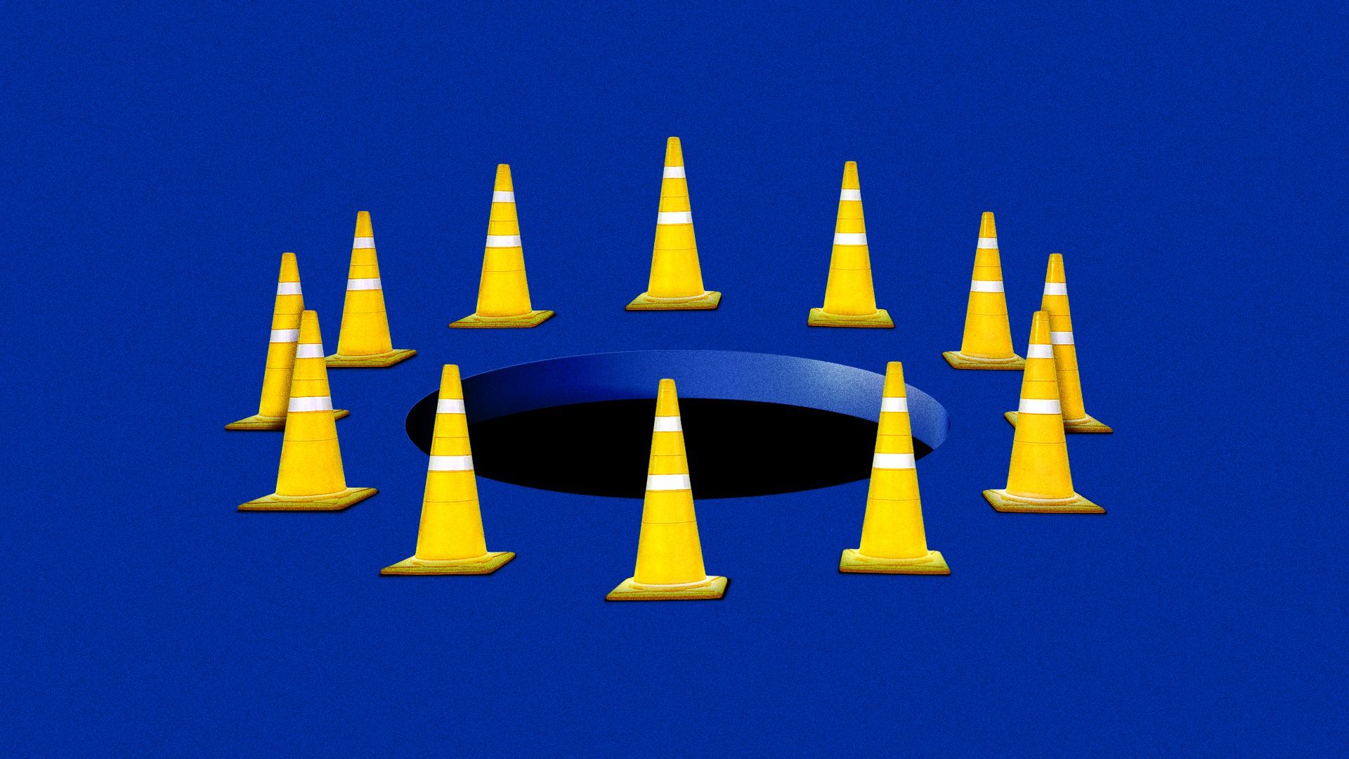 Illustration of a hole on a blue background surrounded by yellow traffic cones so that it looks similar to the EU flag.