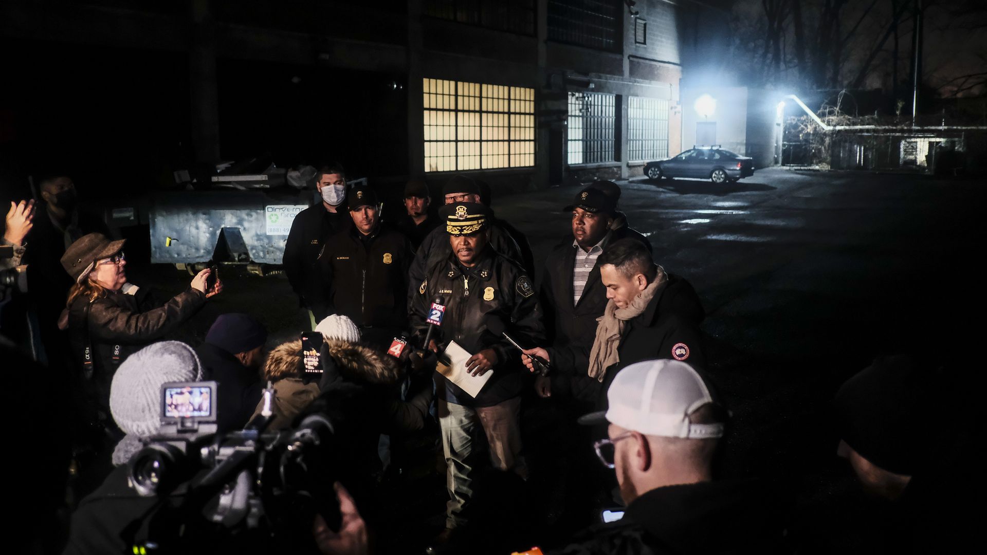 Detroit Chief of Police James White briefs members of the press outside the building where James and Jennifer Crumbley were arrested on December 4, 2021 in Detroit, Michigan.