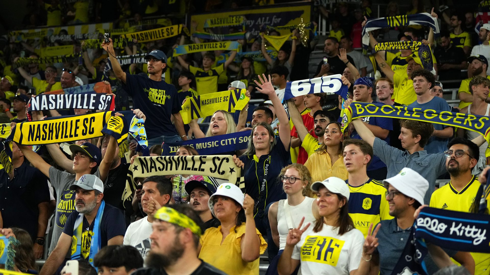 Fans cheer during the MLS match between Nashville SC and FC Cincinnati at GEODIS Park on August 29, 2026 in Nashville, Tennessee.
