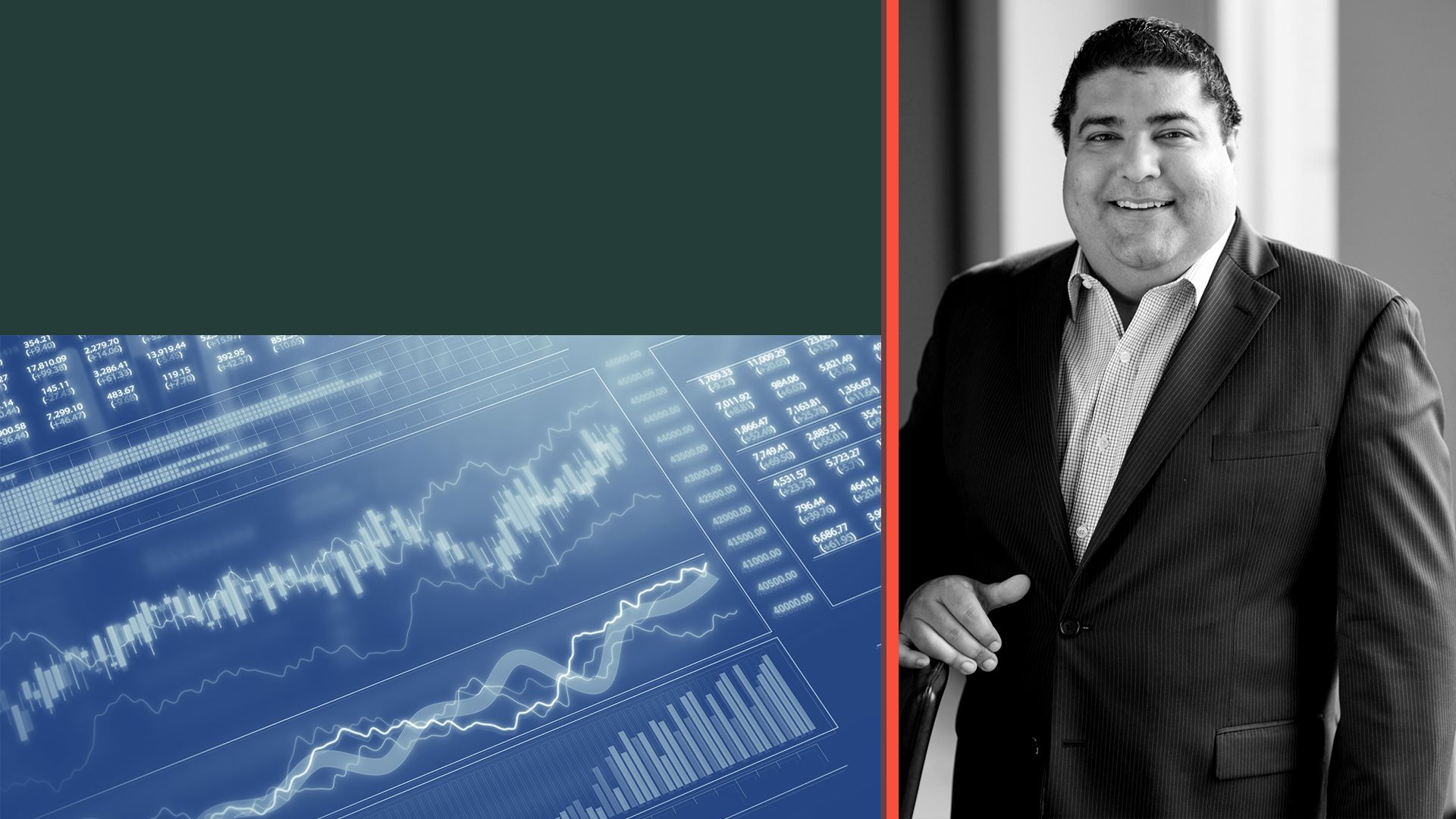 Photo illustration of Bhavan Suri collaged with stock market graphs.