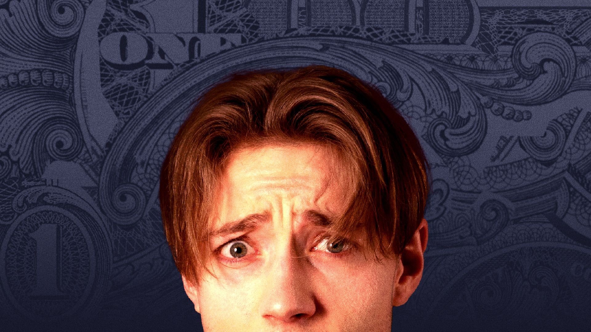 Illustration of a worried person with a '90s haircut in front of a background made of collaged money elements.