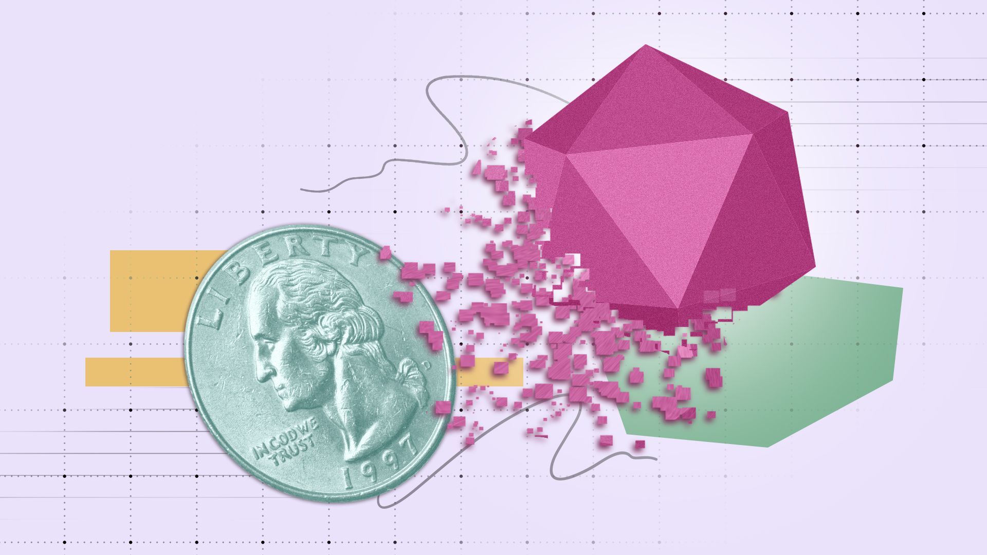 Illustration of a glowing three dimensional hexagon becoming pixelated, a quarter, and assorted shapes and lines on a grid.