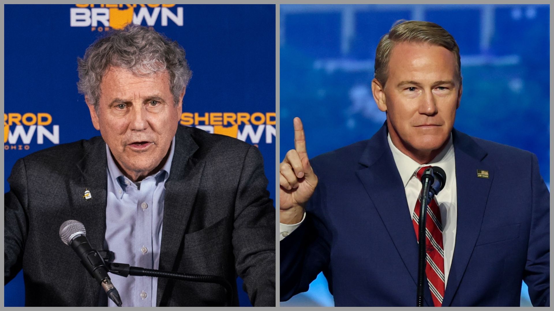 Two-panel image of politicians: left, gray-haired man in a dark suit speaks into a microphone before a blue backdrop; right, blond man in a navy suit and red striped tie raises his finger at a microphone.